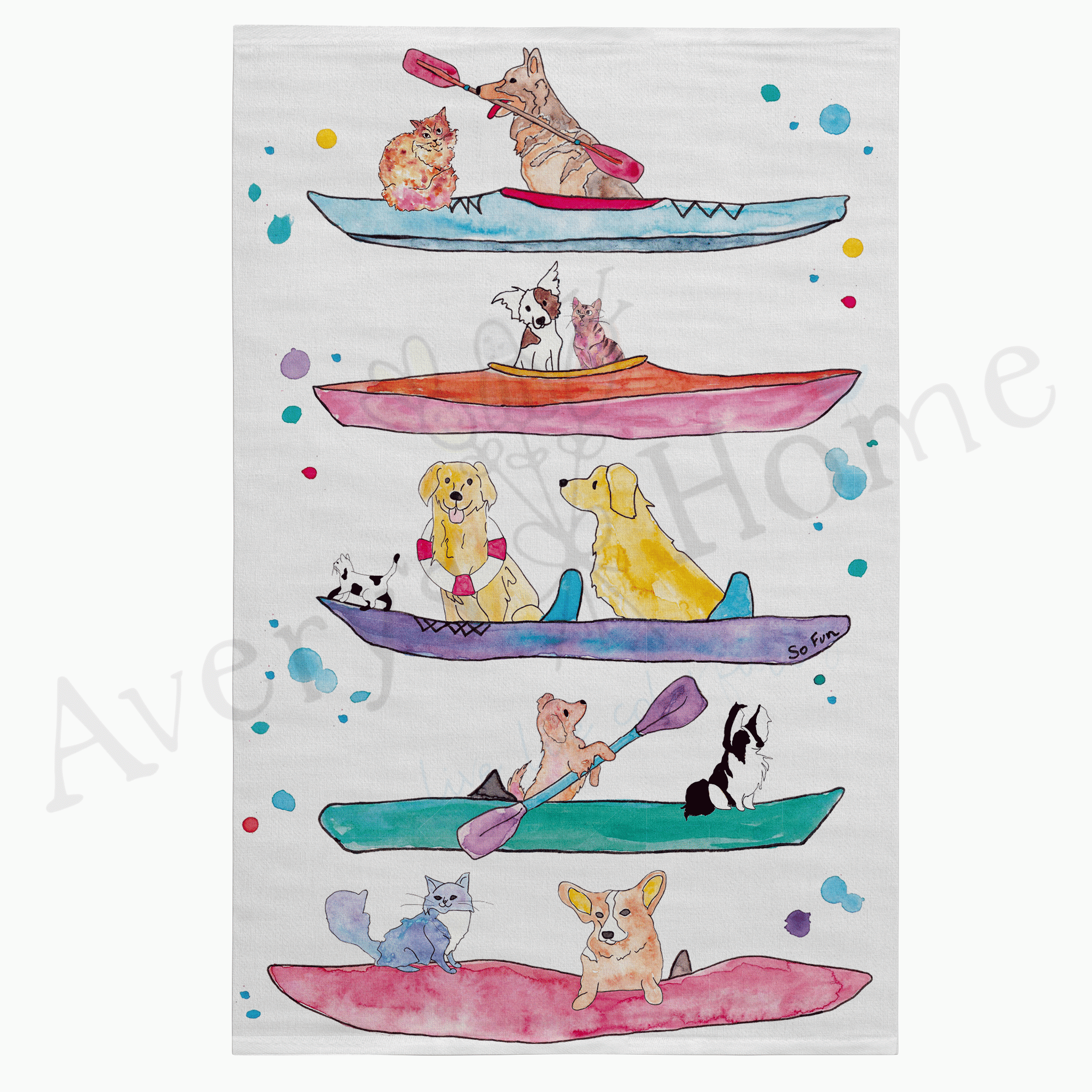 Dogs Kayaking dish towel design detail