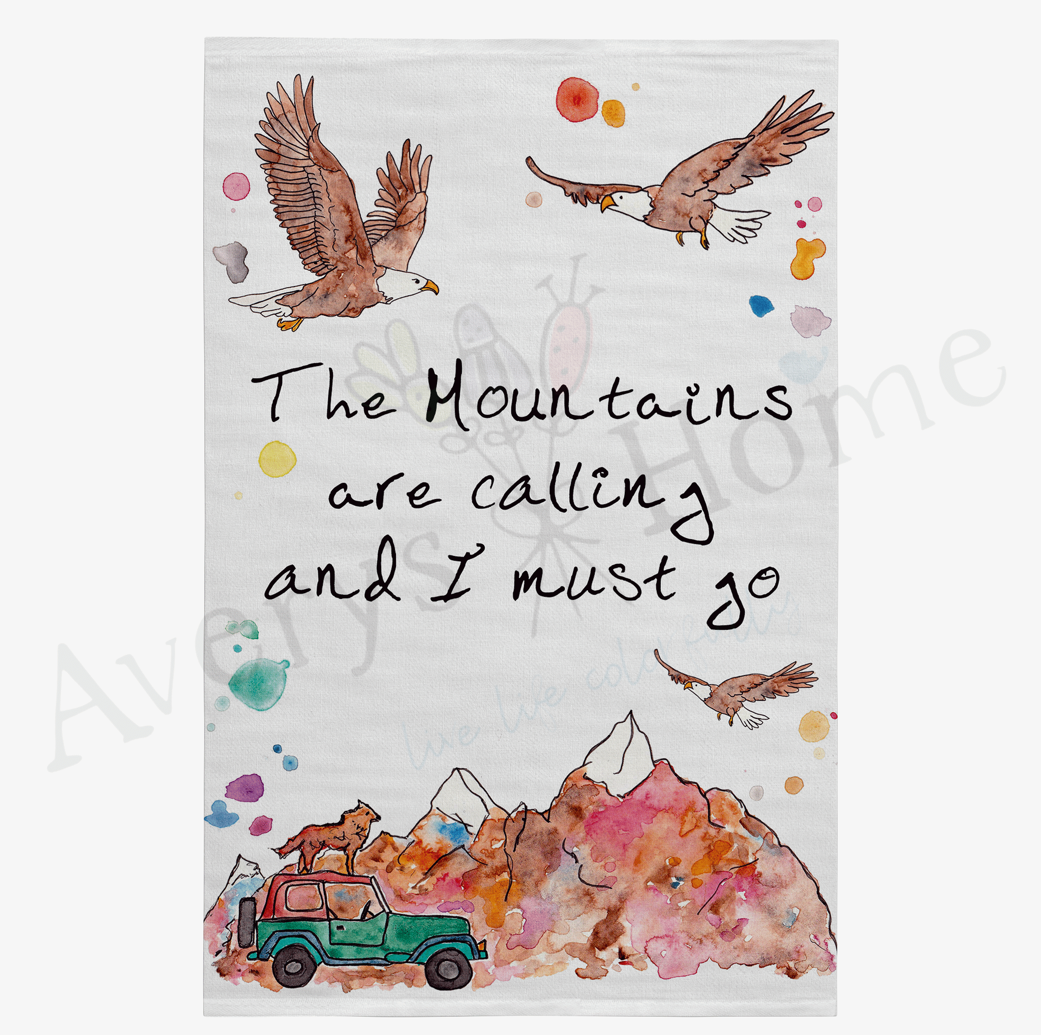 Mountains are Calling dish towel design detail
