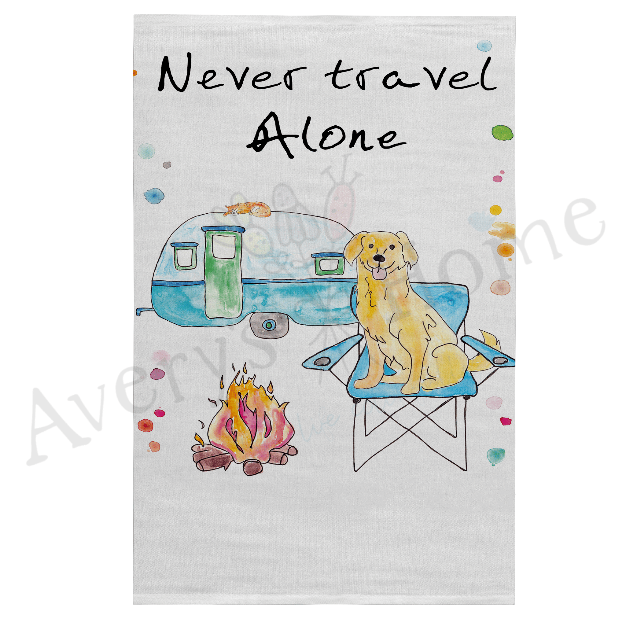 Never Travel Alone dish towel, 27x27 flour sack cotton