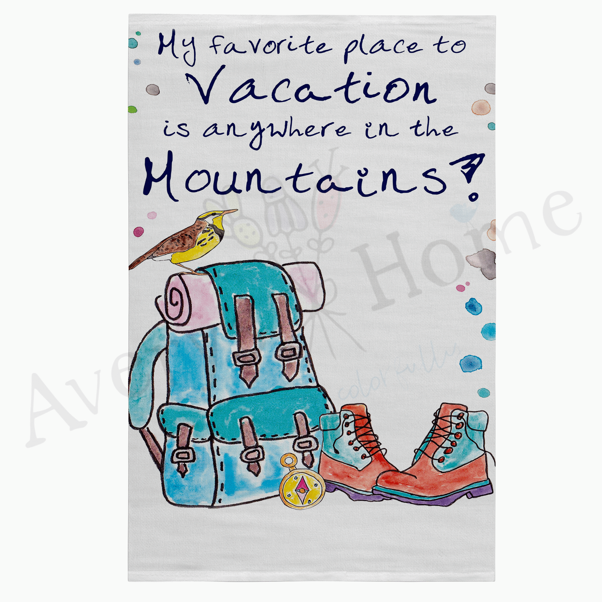 Summer Mountain Vacation dish towel, 27x27 flour sack cotton