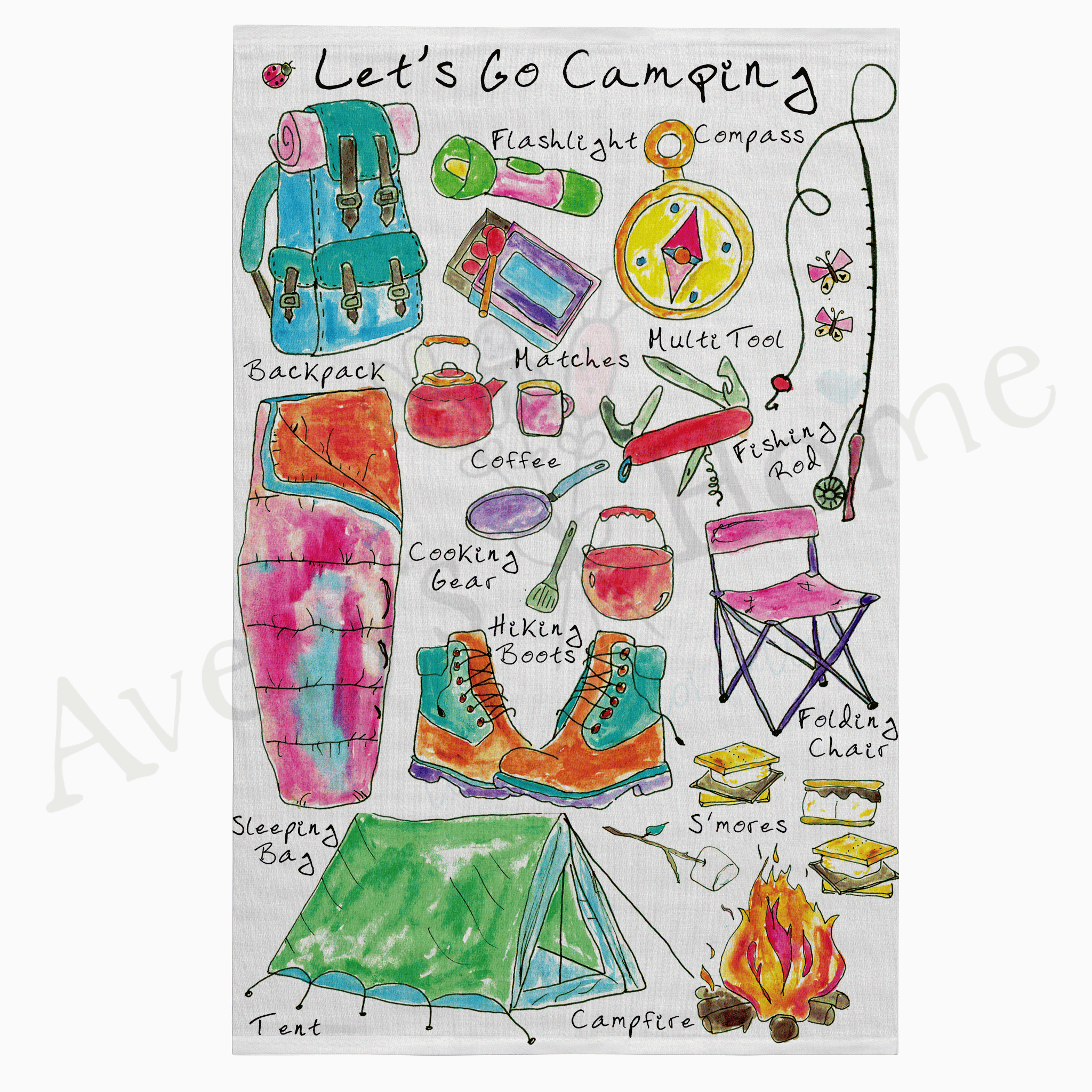 Let's Go Camping dish towel hanging in the kitchen