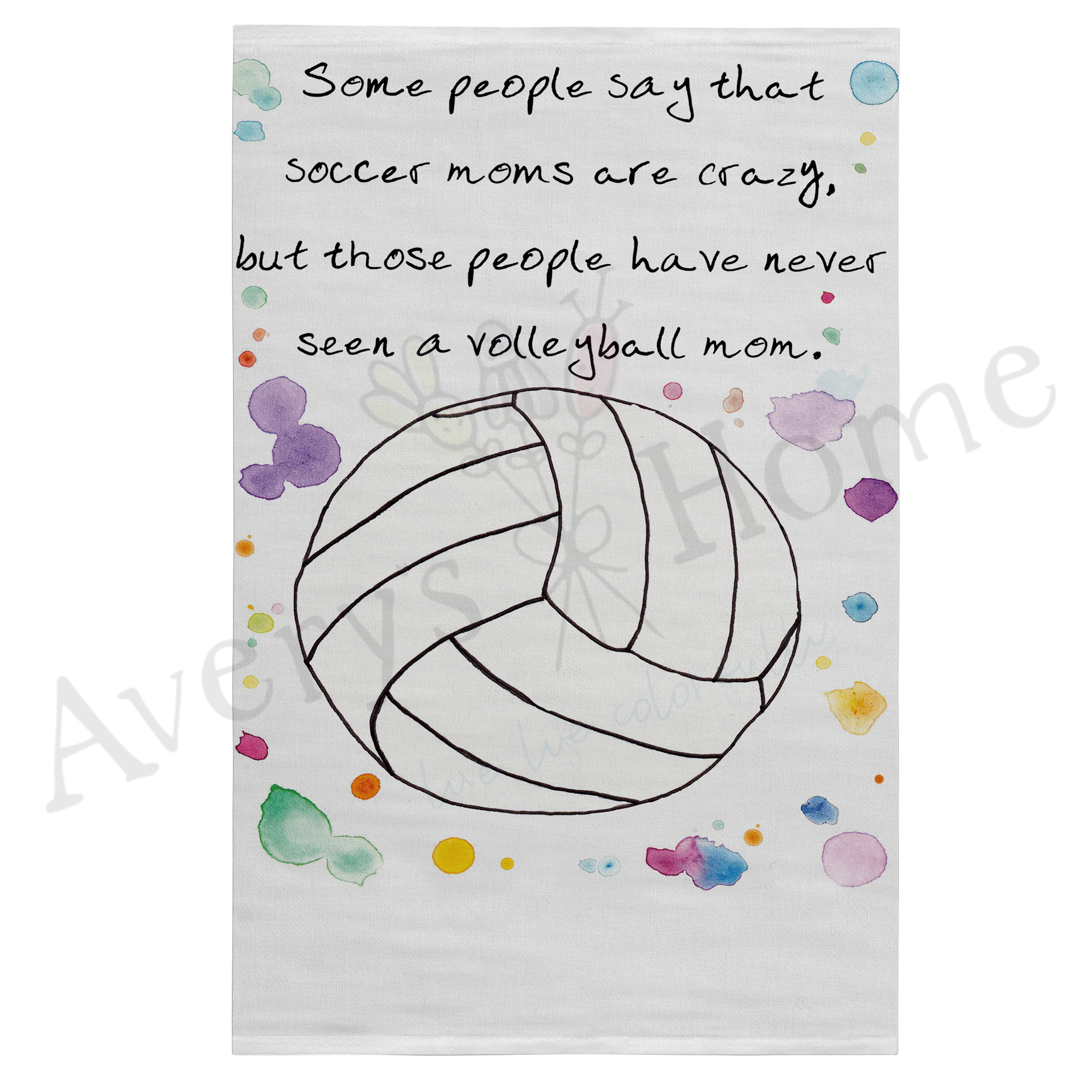 Volleyball Moms dish towel hanging in the kitchen