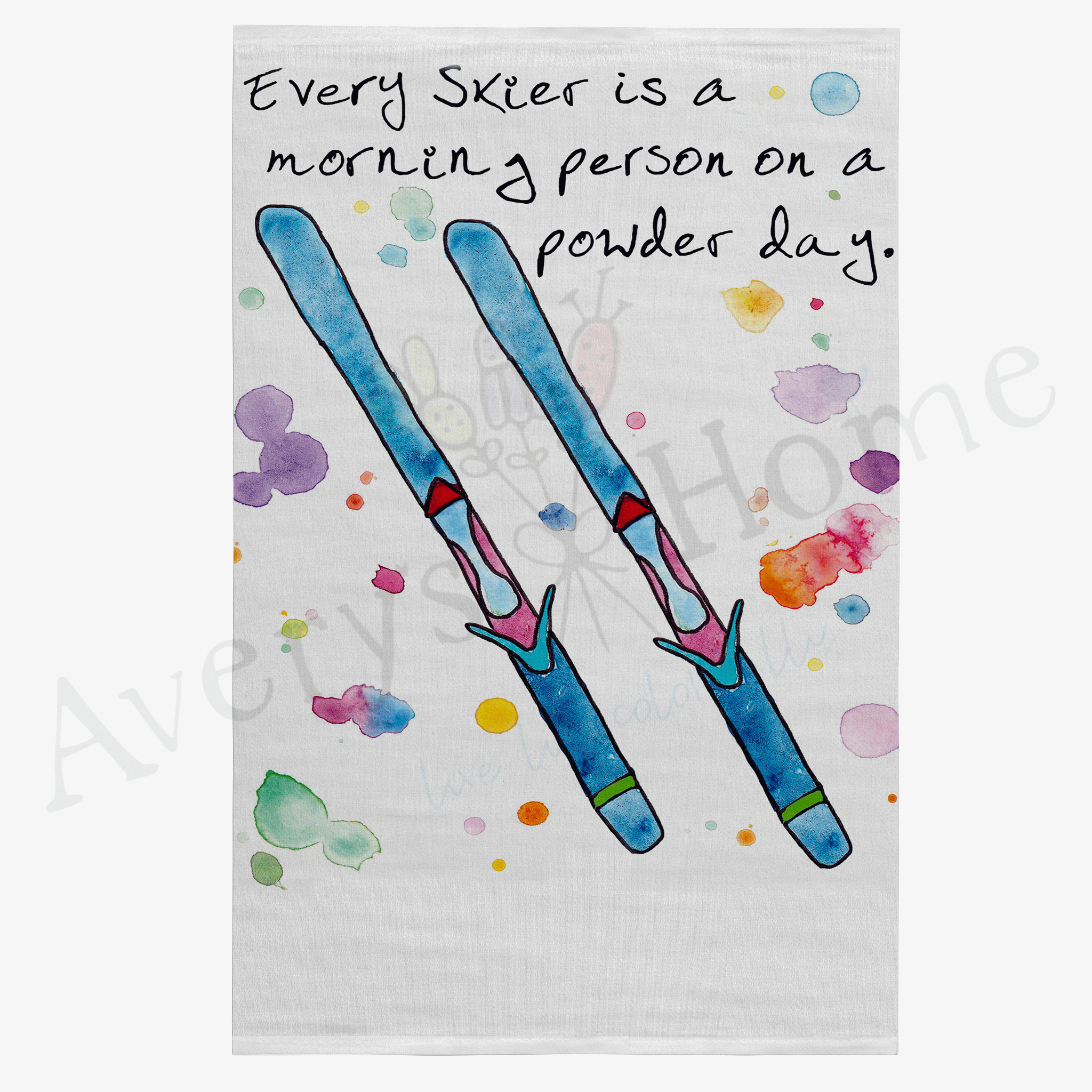 Skiing Morning Person dish towel hanging in the kitchen