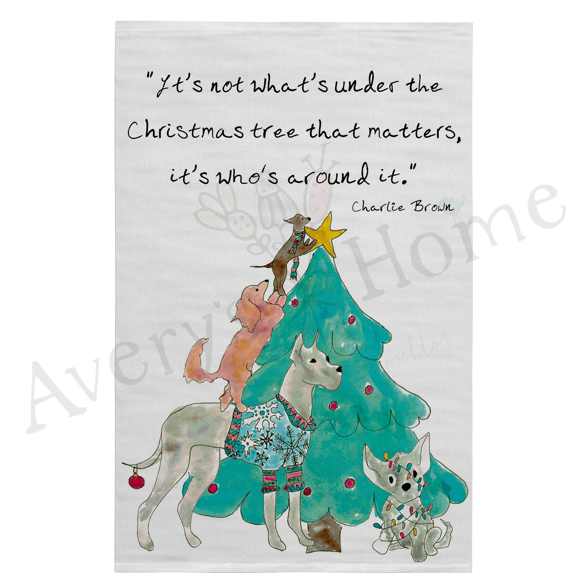 Dogs with Christmas Tree dish towel design detail