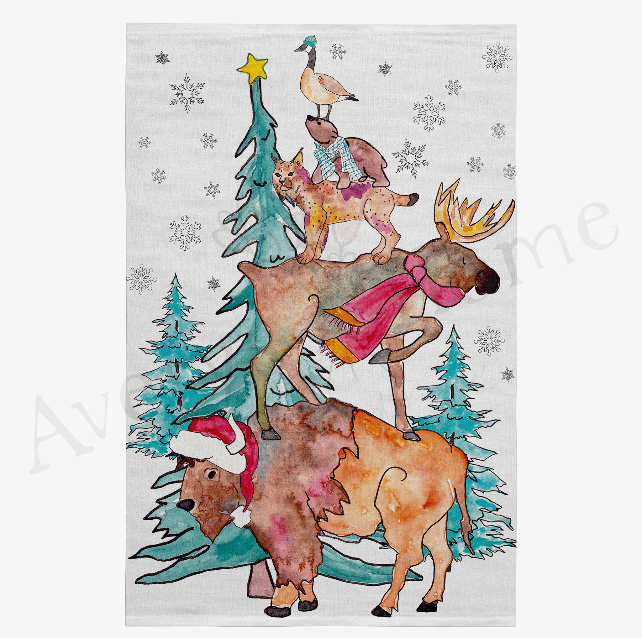 Woodland Animals Christmas Tree dish towel design detail