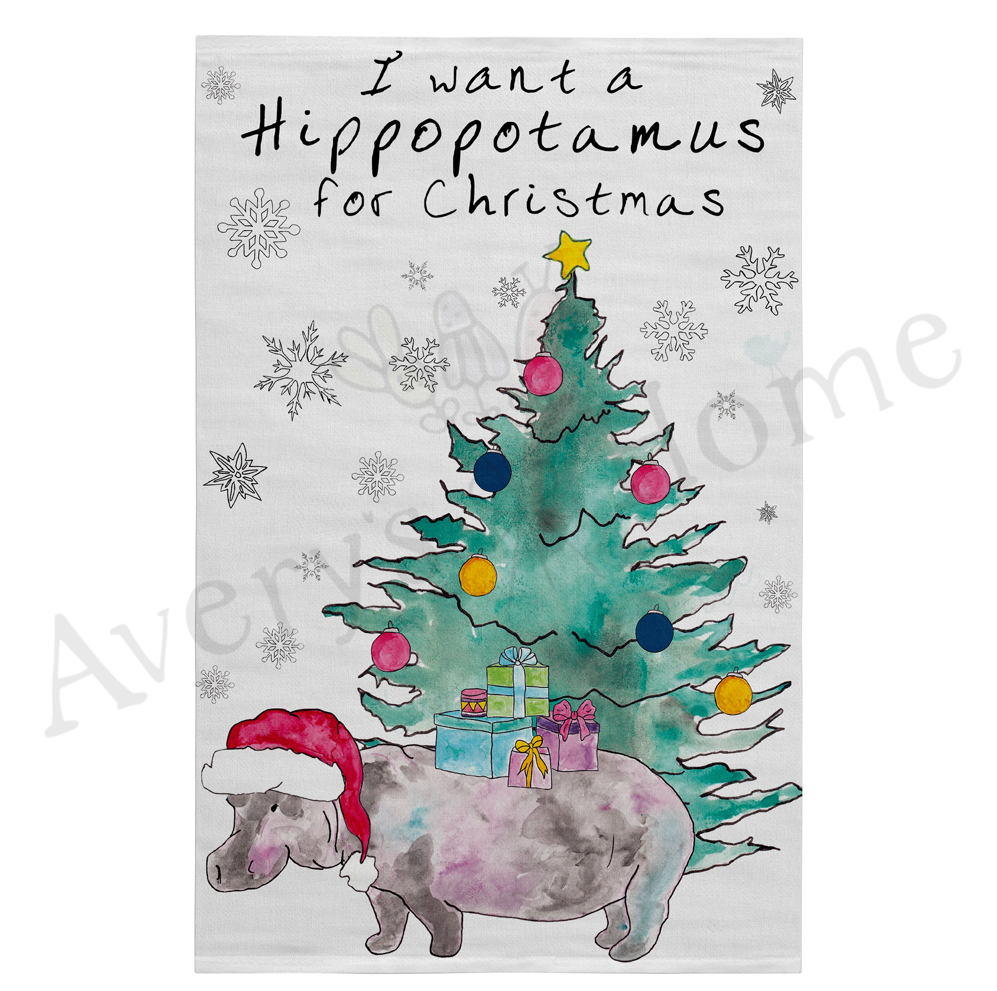 Hippo for Christmas dish towel design detail