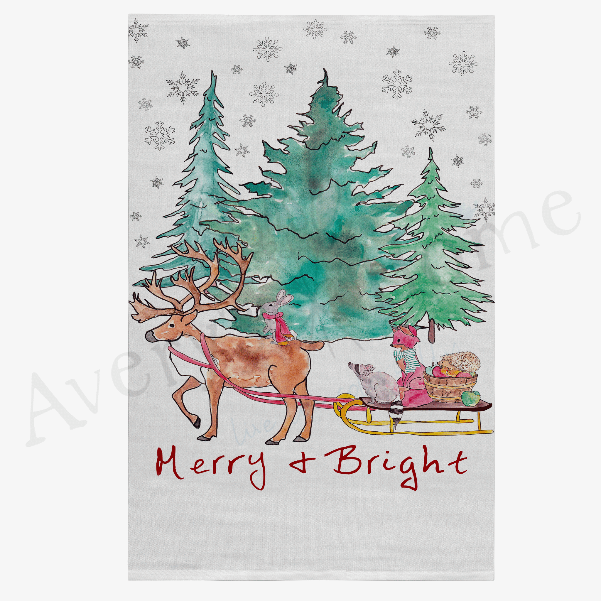 Merry and Bright Sleigh Ride dish towel, 27x27 flour sack cotton