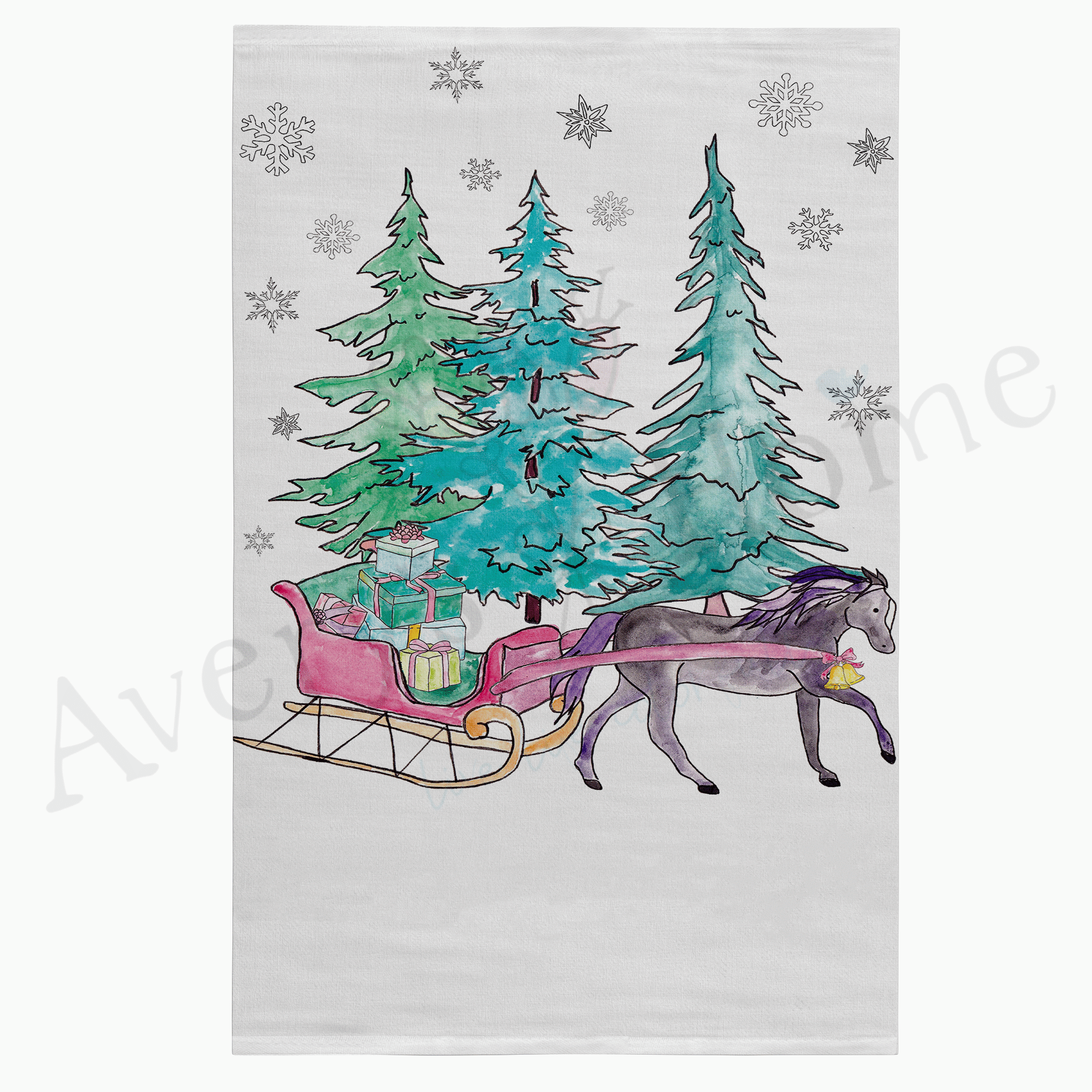 Christmas Horse & Sleigh Ride dish towel design detail
