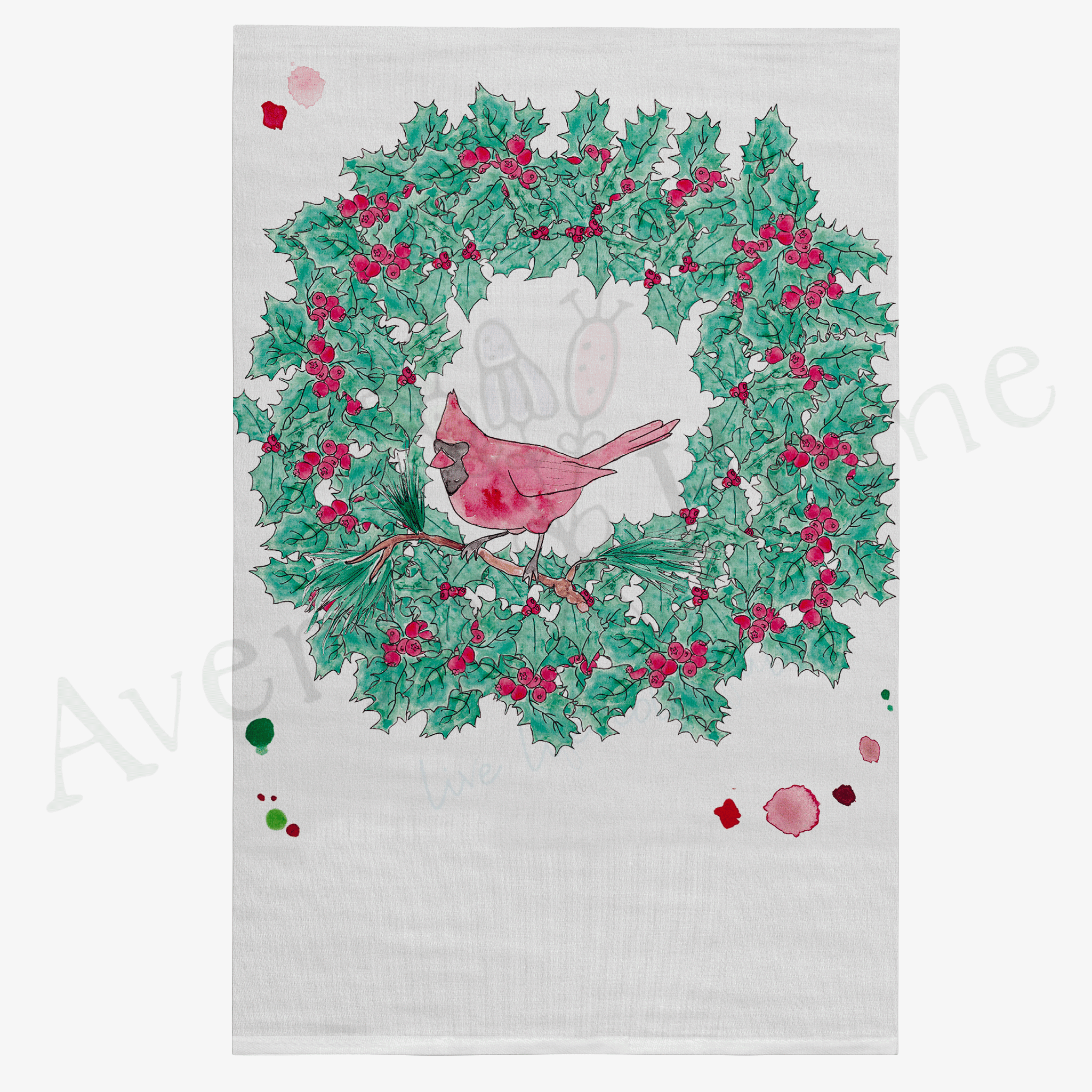 Cardinal Christmas Wreath dish towel design detail