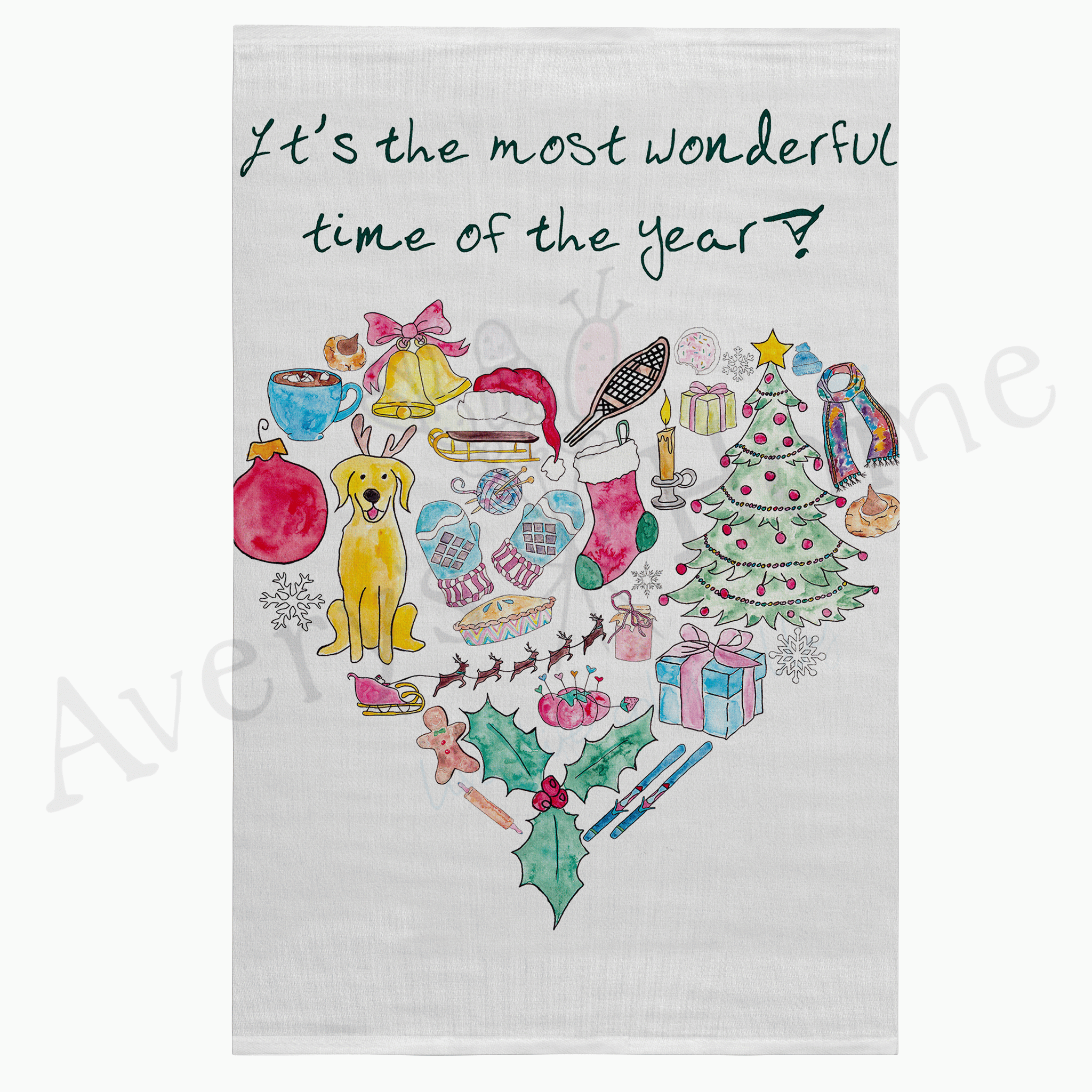 Christmas Time is Wonderful dish towel hanging in the kitchen