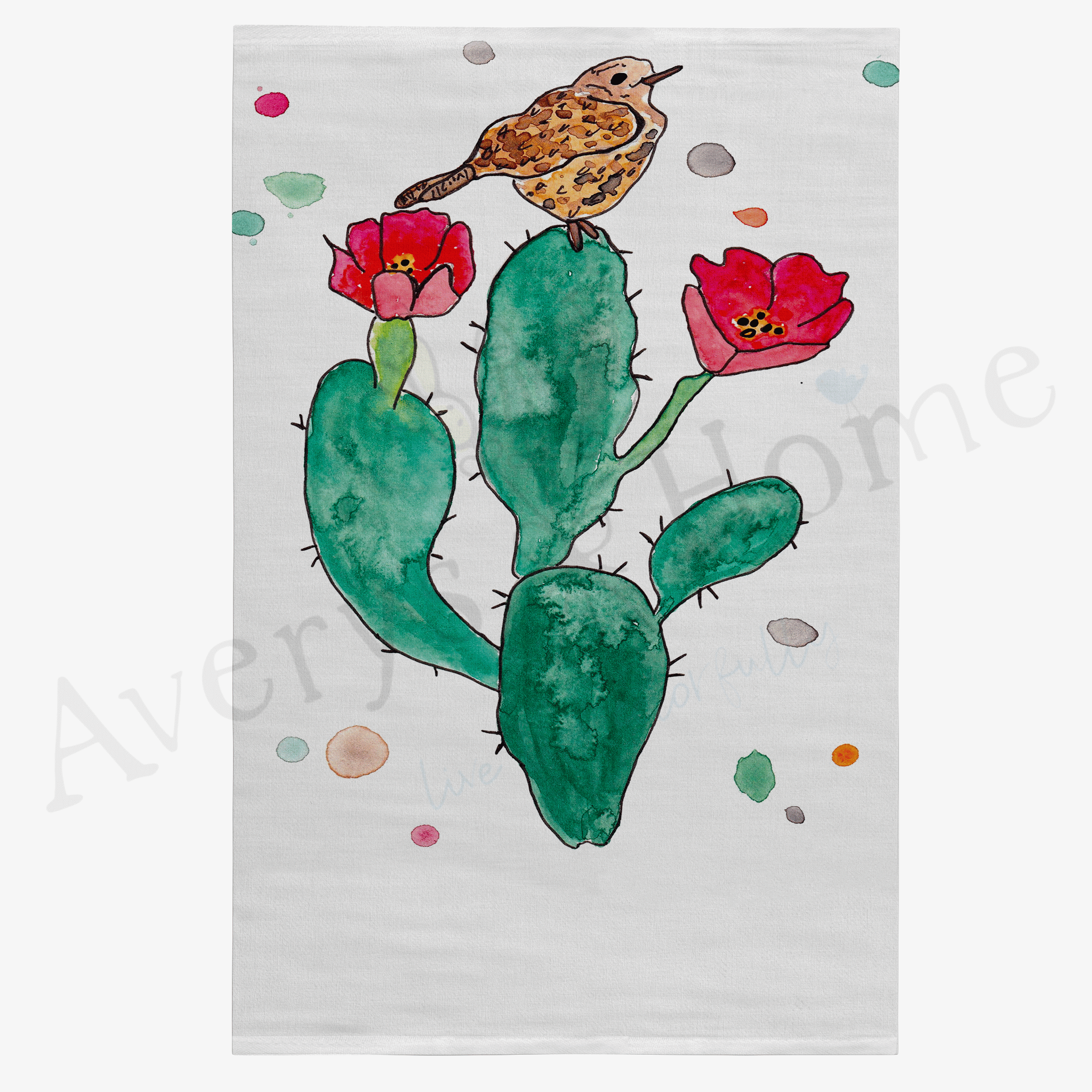 Flowering Cactus dish towel hanging in the kitchen