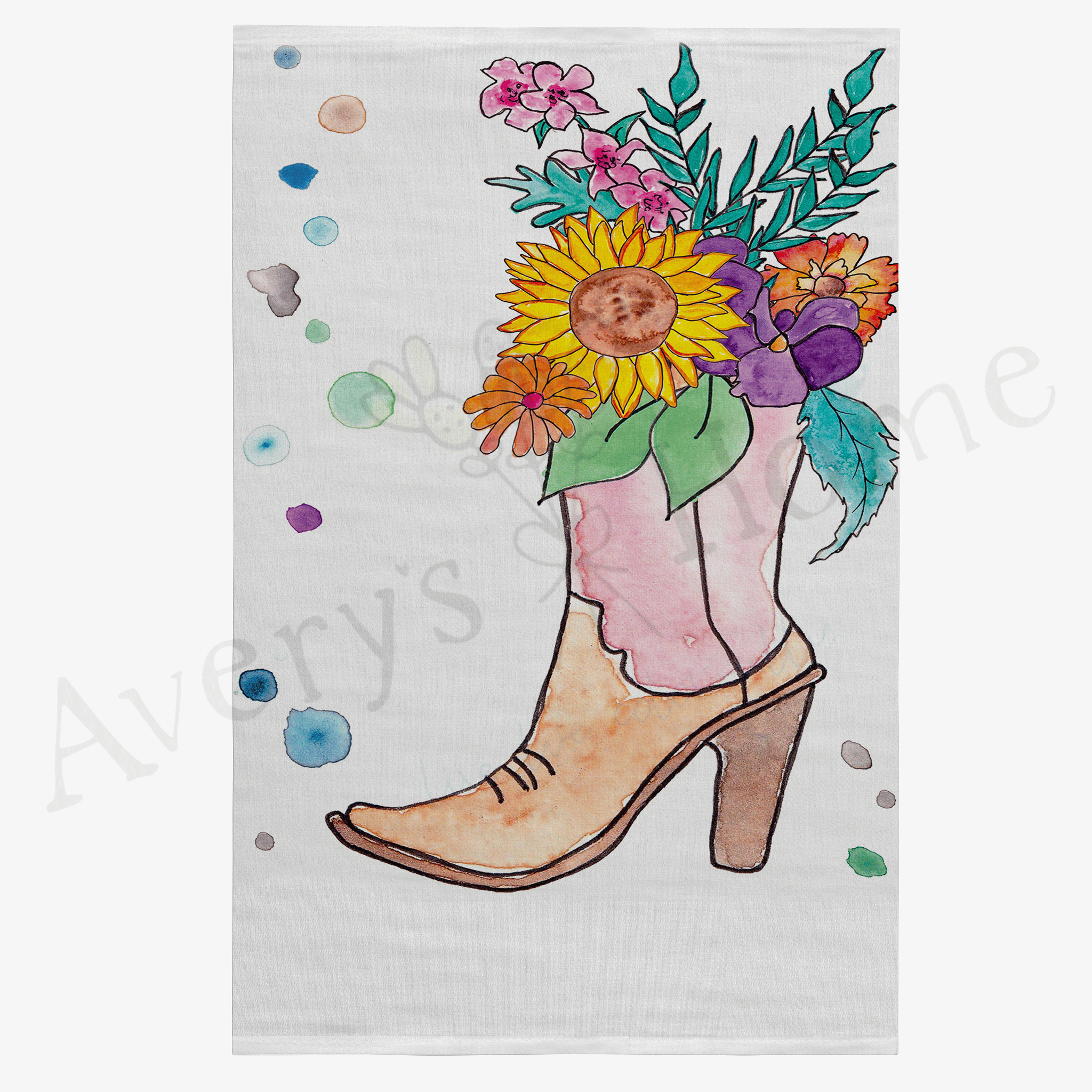 Red Cowgirl Boots and Flowers dish towel hanging in the kitchen