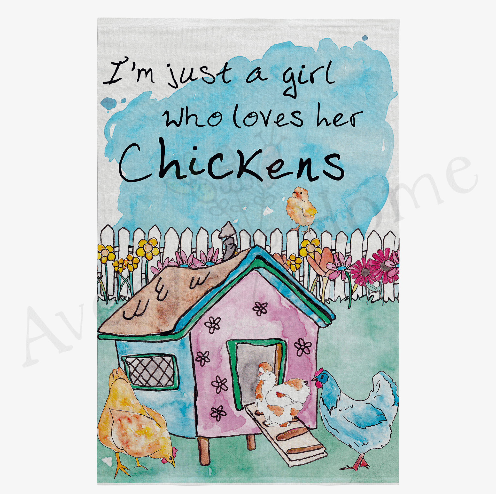 Girl Who Loves Chickens dish towel design detail