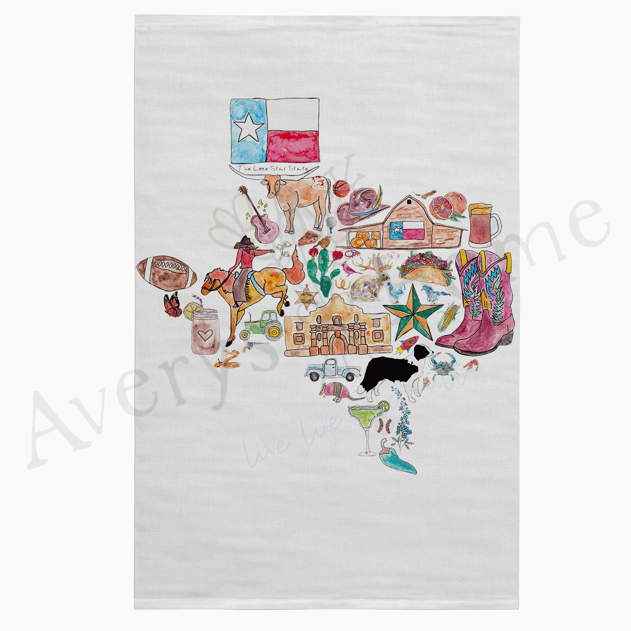 Texas State Icons dish towel, 27x27 flour sack cotton