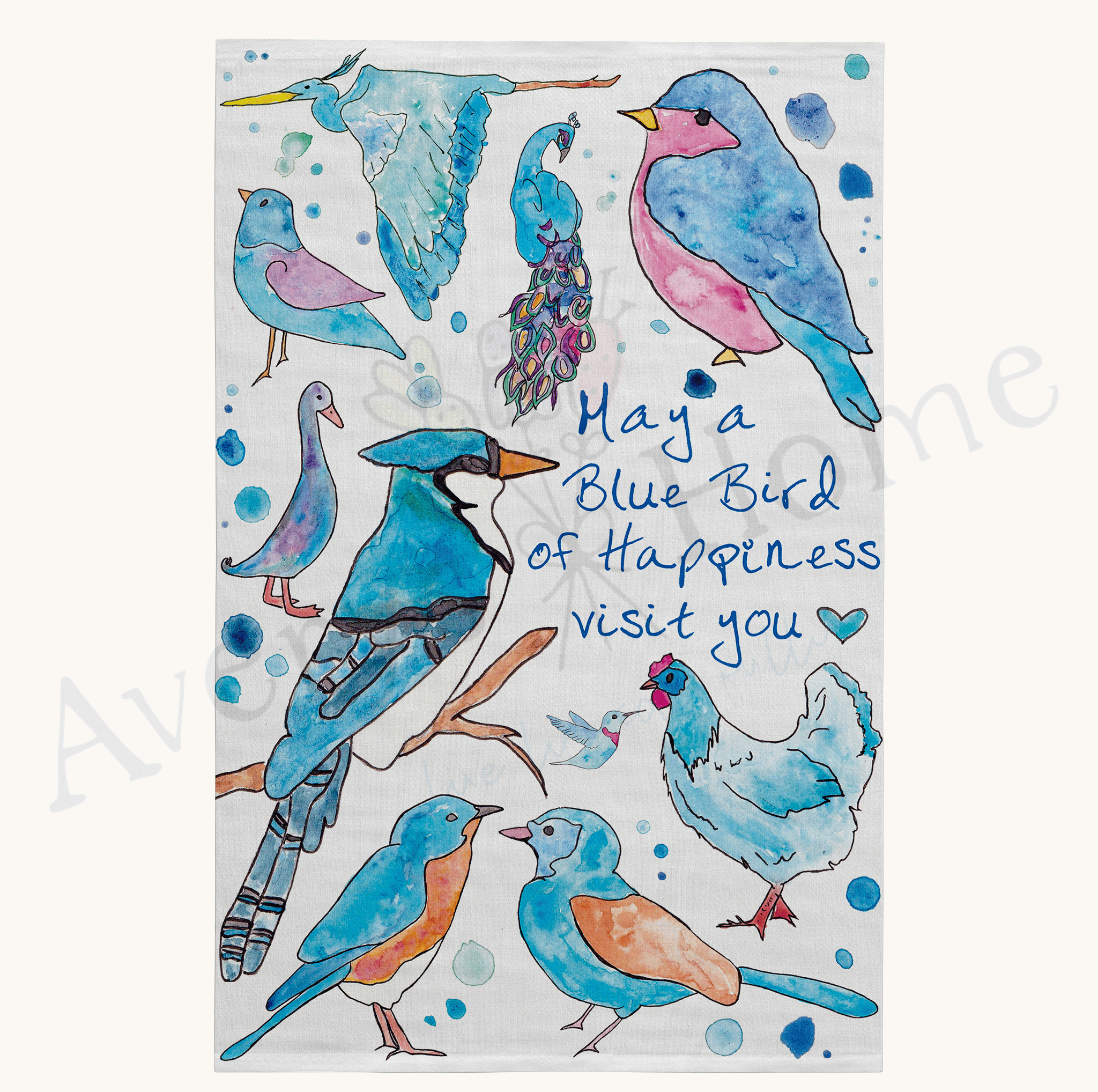Blue Birds of Happiness dish towel design detail