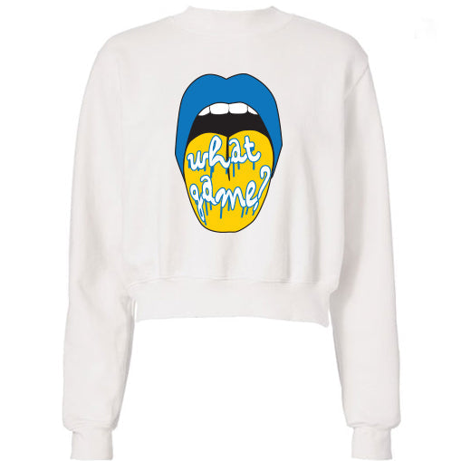 Blue & Yellow What Game Lips Cropped Sweatshirt
