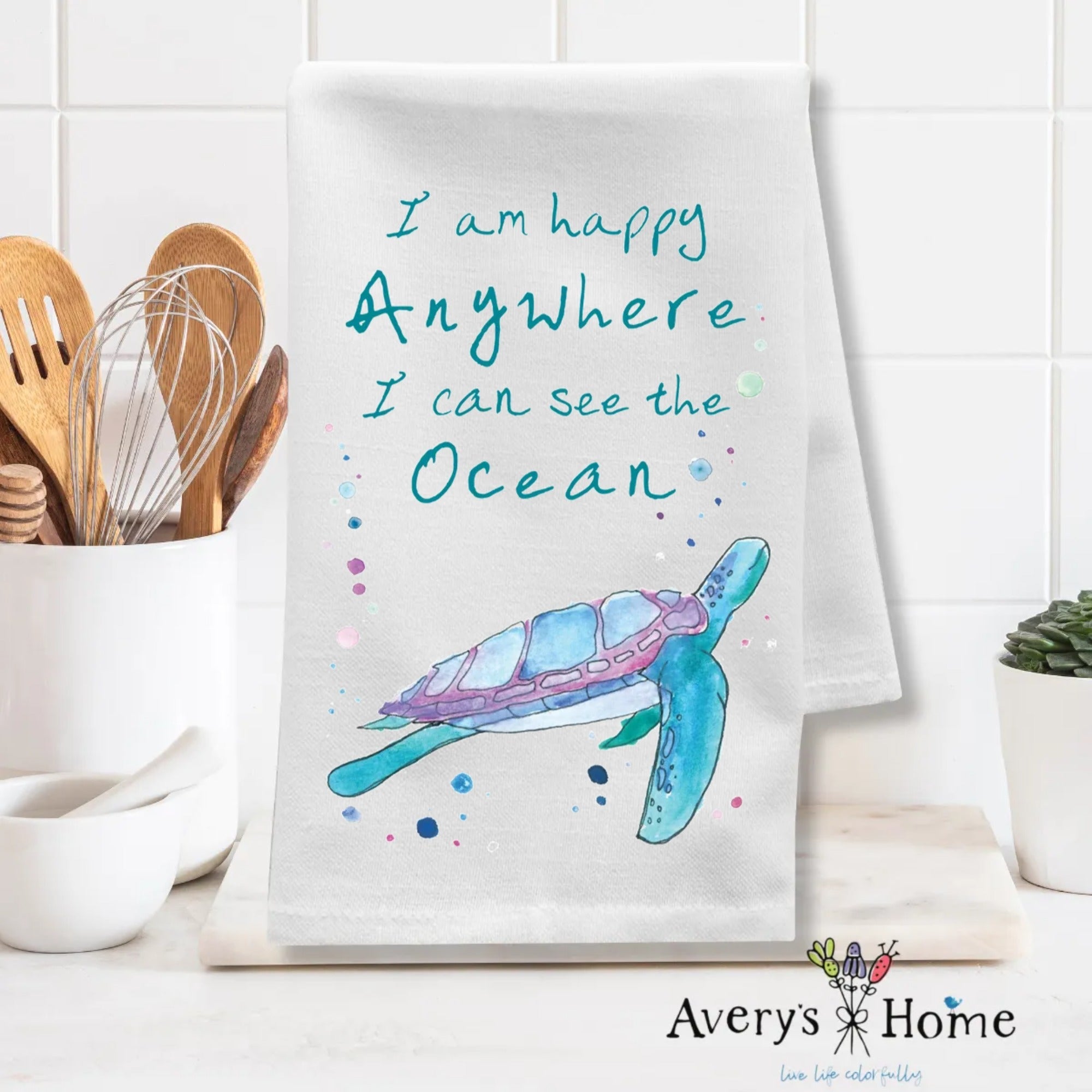 I Am Happy Anywhere Ocean Turtle dish towel folded, 27x27 flour sack cotton