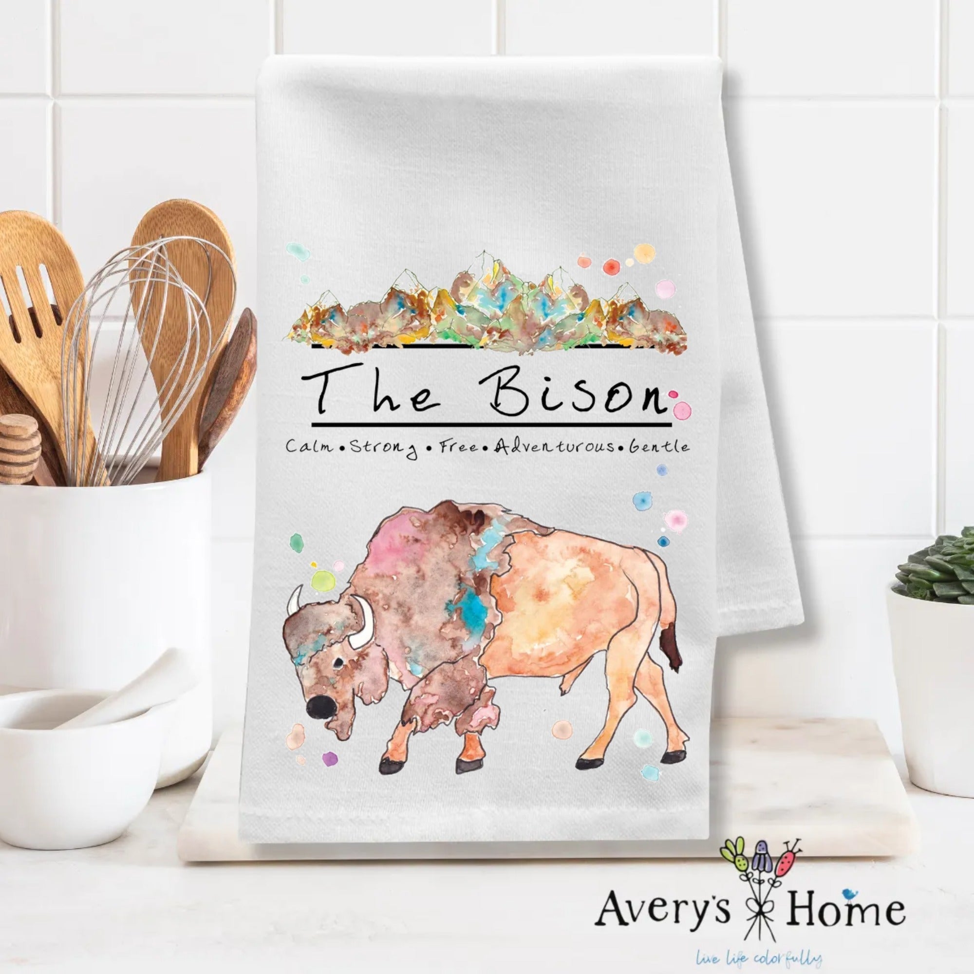 Mountain Bison dish towel design detail