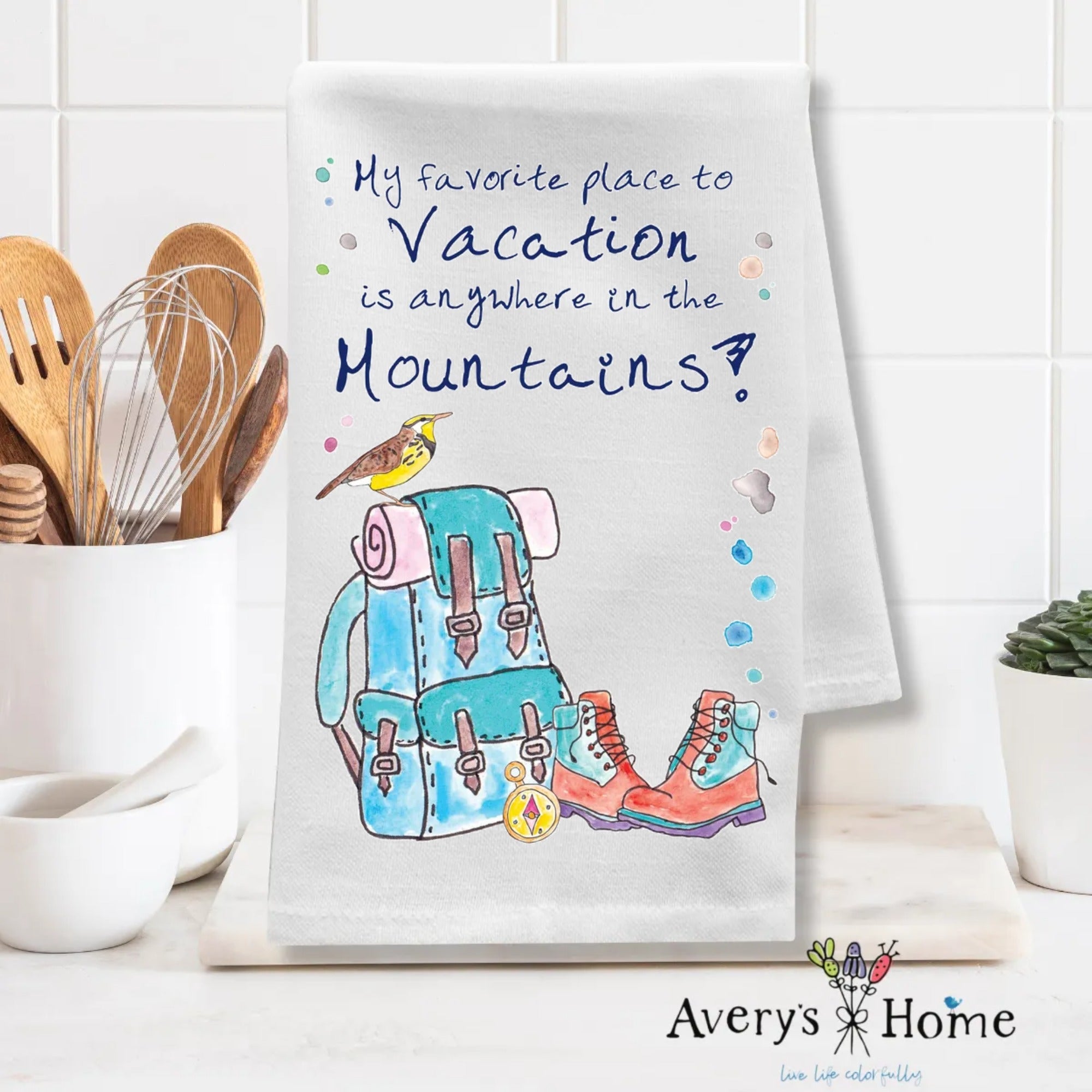 Summer Mountain Vacation dish towel design detail