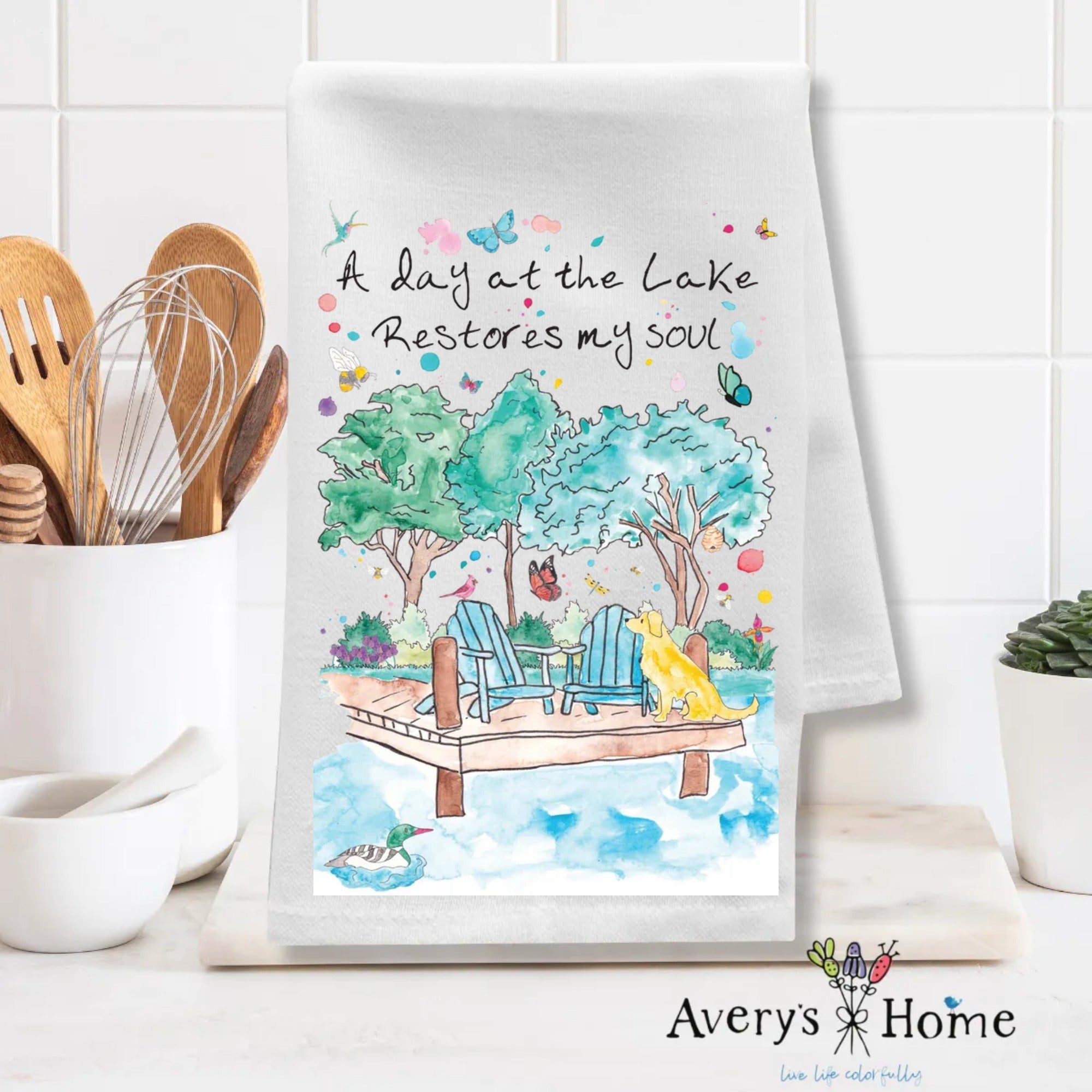 A Day at the Lake dish towel folded, 27x27 flour sack cotton