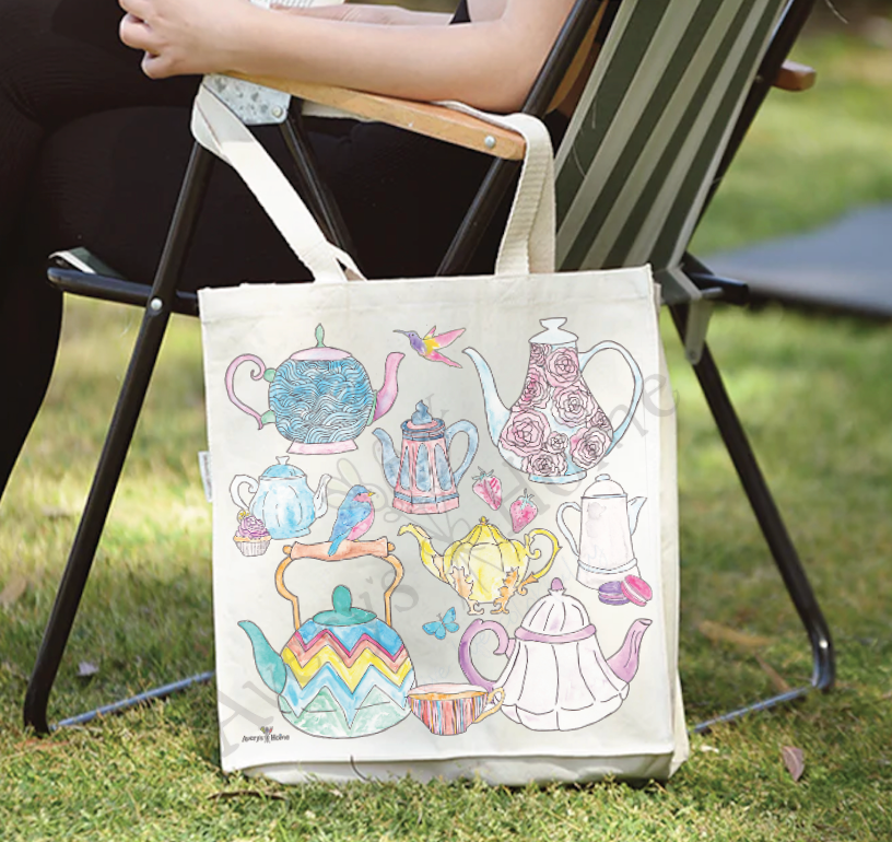 Tea Pots and Birds cotton tote bag, art by Avery Jackson