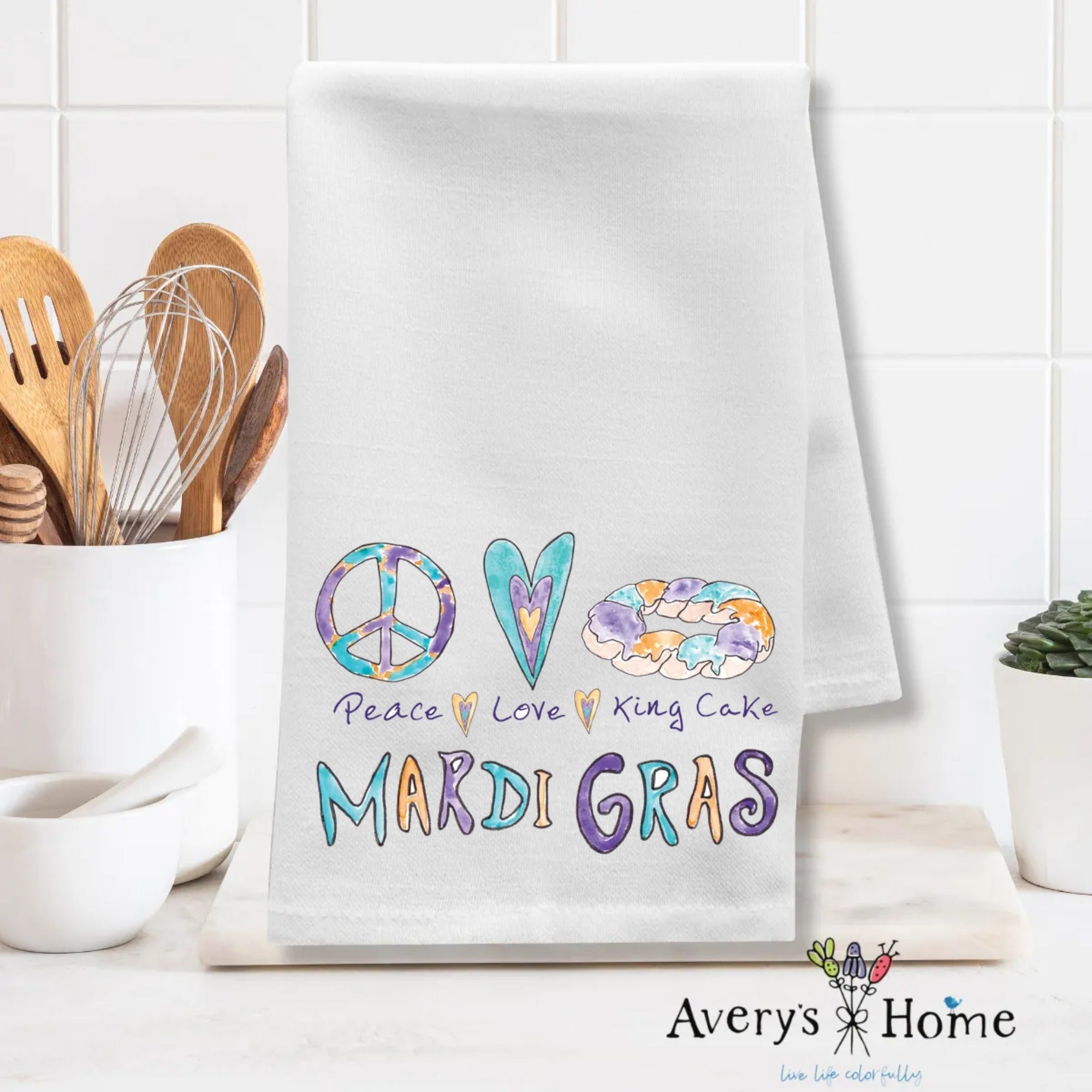 Peace Love Mardi Gras dish towel design detail