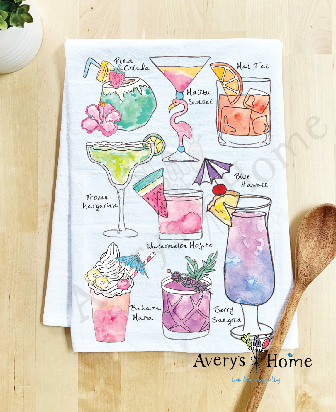 Favorite Beach Cocktails flour sack dish towel, art by Avery Jackson
