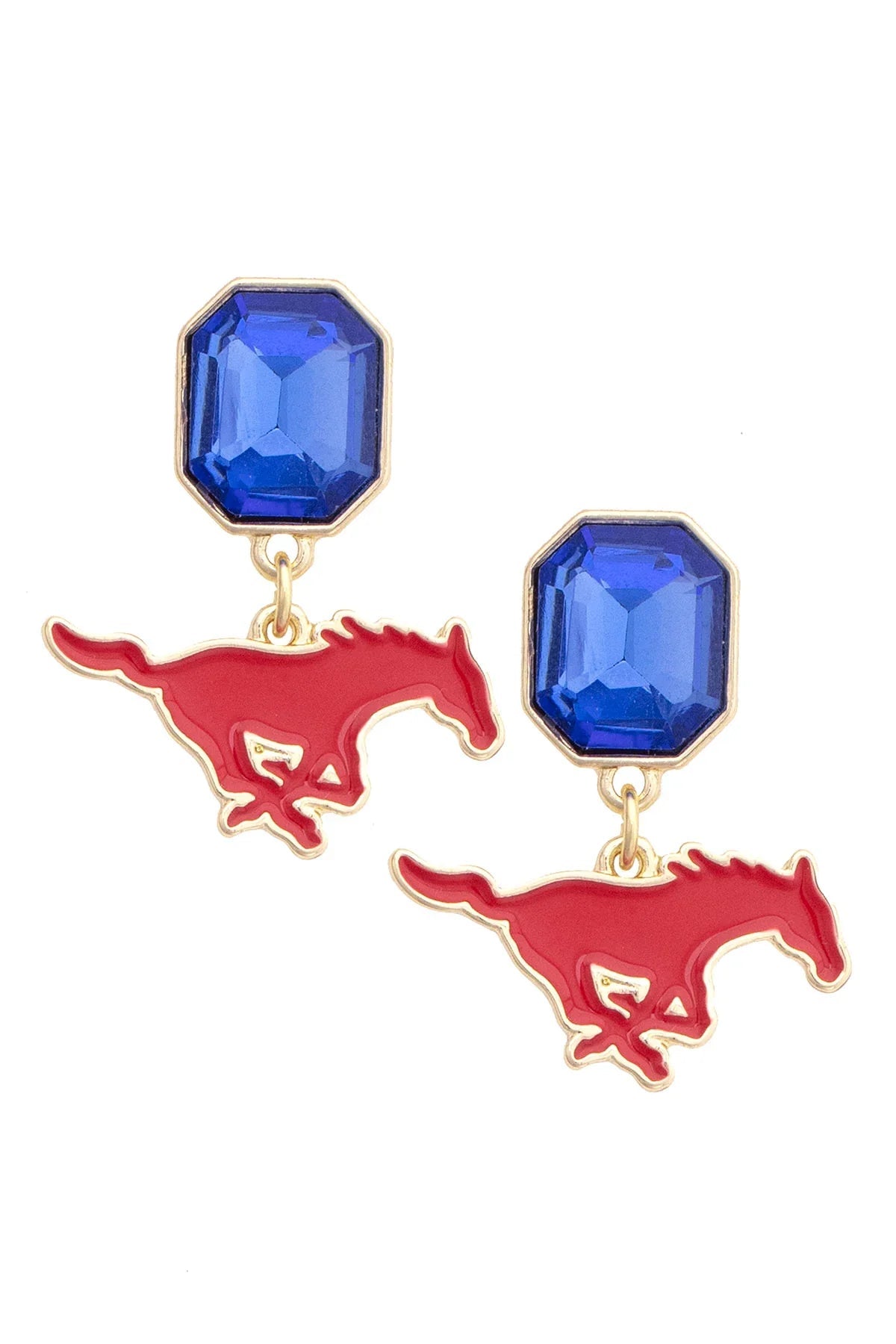 SMU Mustangs Rhinestone Enamel Logo Earrings in Shiny Gold