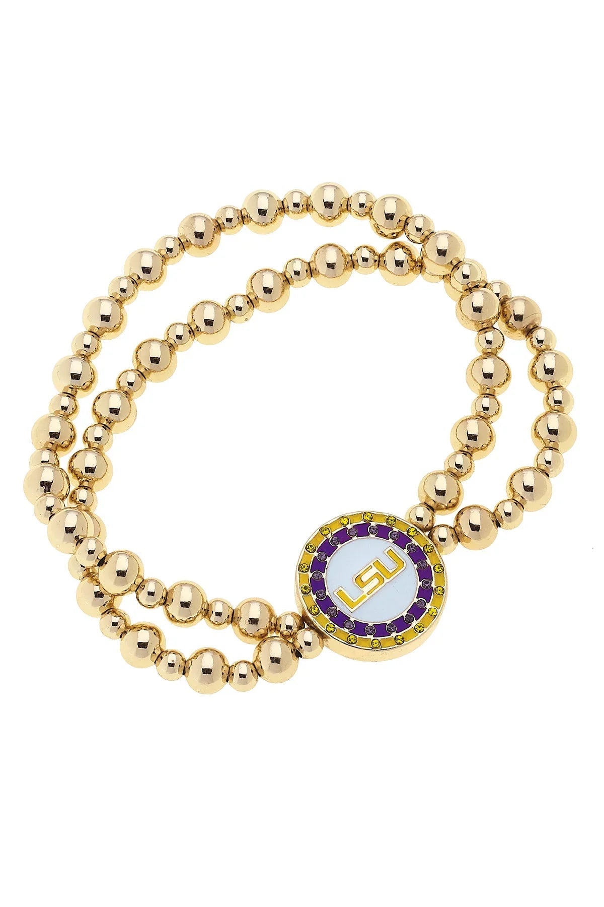 LSU Tigers Pave Disc 2-Row Ball Bead Stretch Bracelet in Shiny Gold
