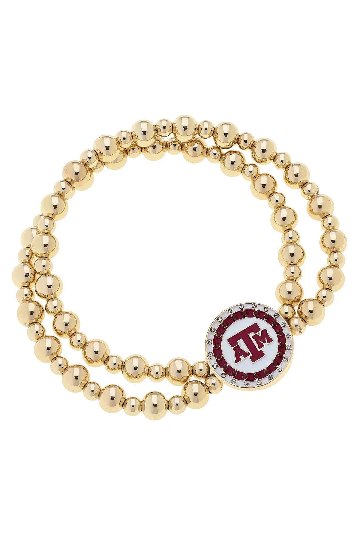 Texas A&M Aggies Pave Disc 2-Row Ball Bead Stretch Bracelet in Shiny Gold