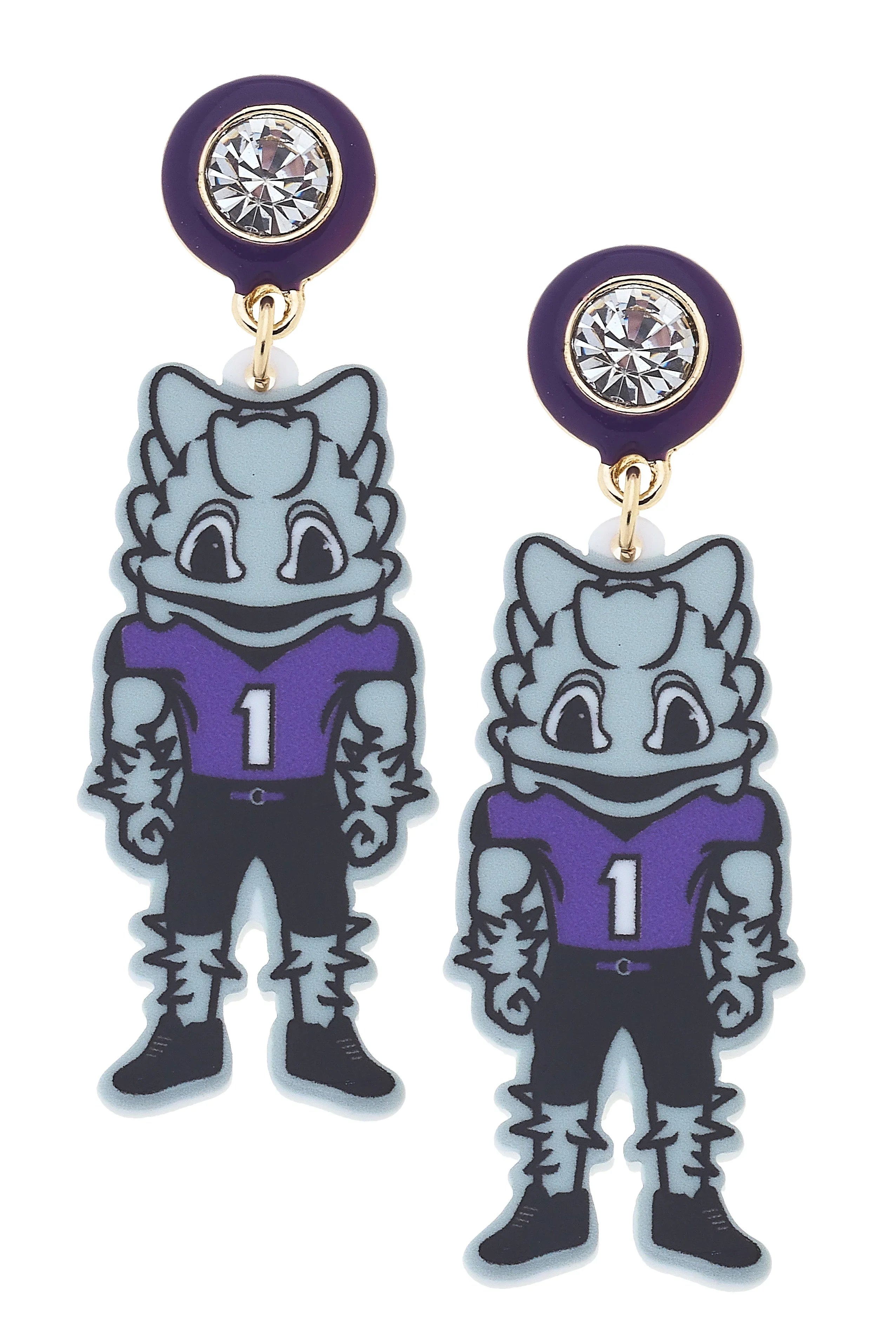 TCU SuperFrog Resin Mascot Earrings in Purple/Grey