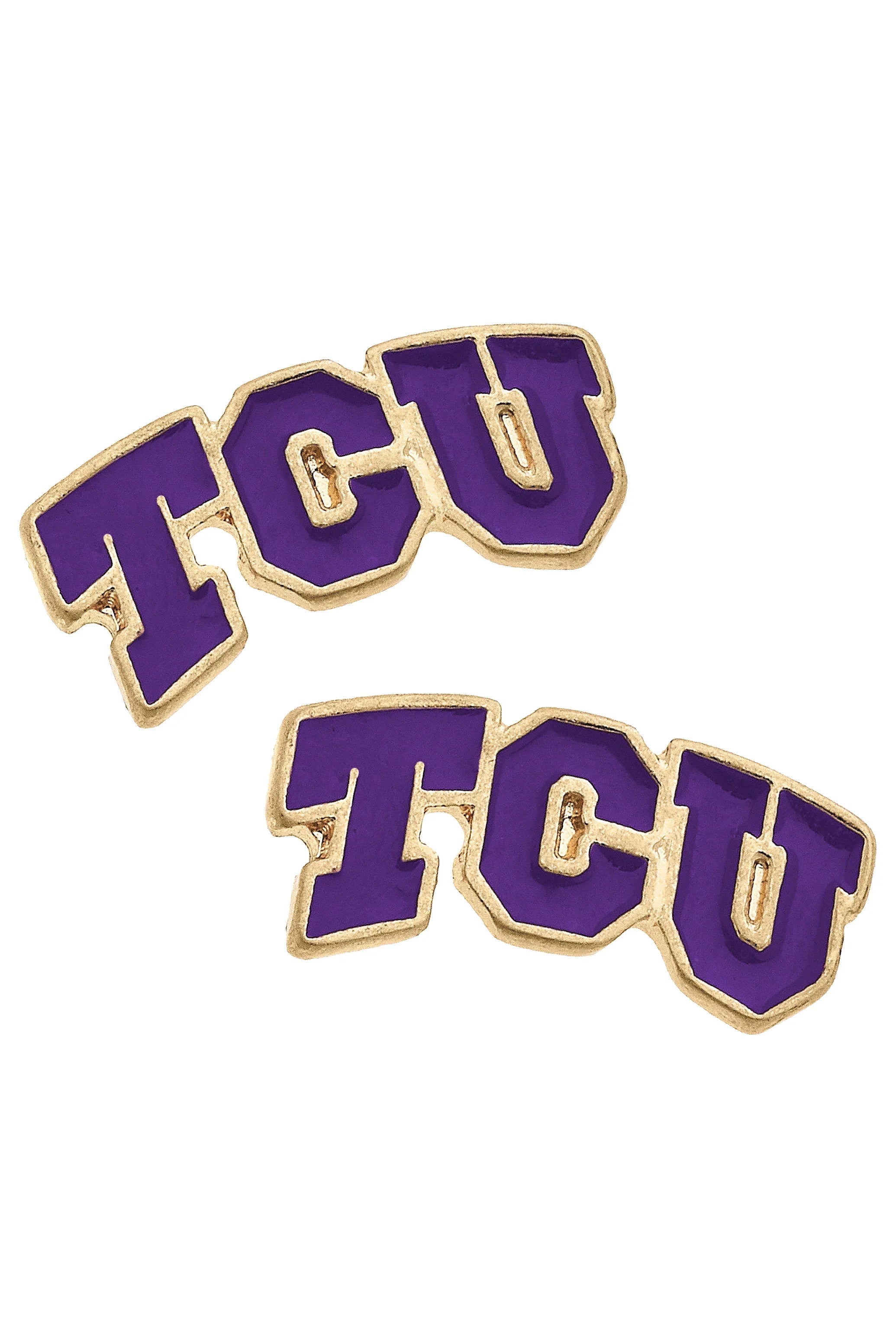 TCU Horned Frogs Enamel Logo Stud Earrings in Shiny Gold