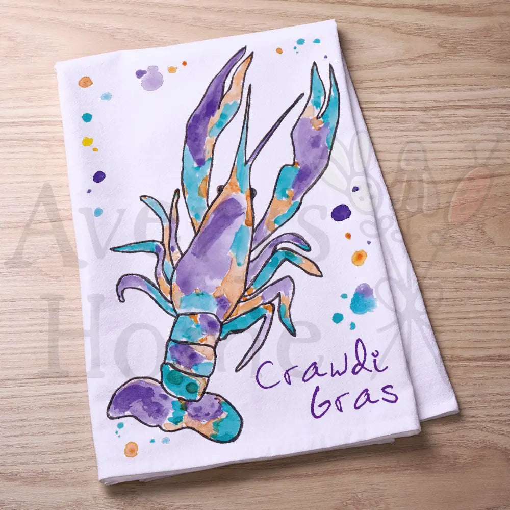 Crawdi Gras flour sack dish towel, art by Avery Jackson
