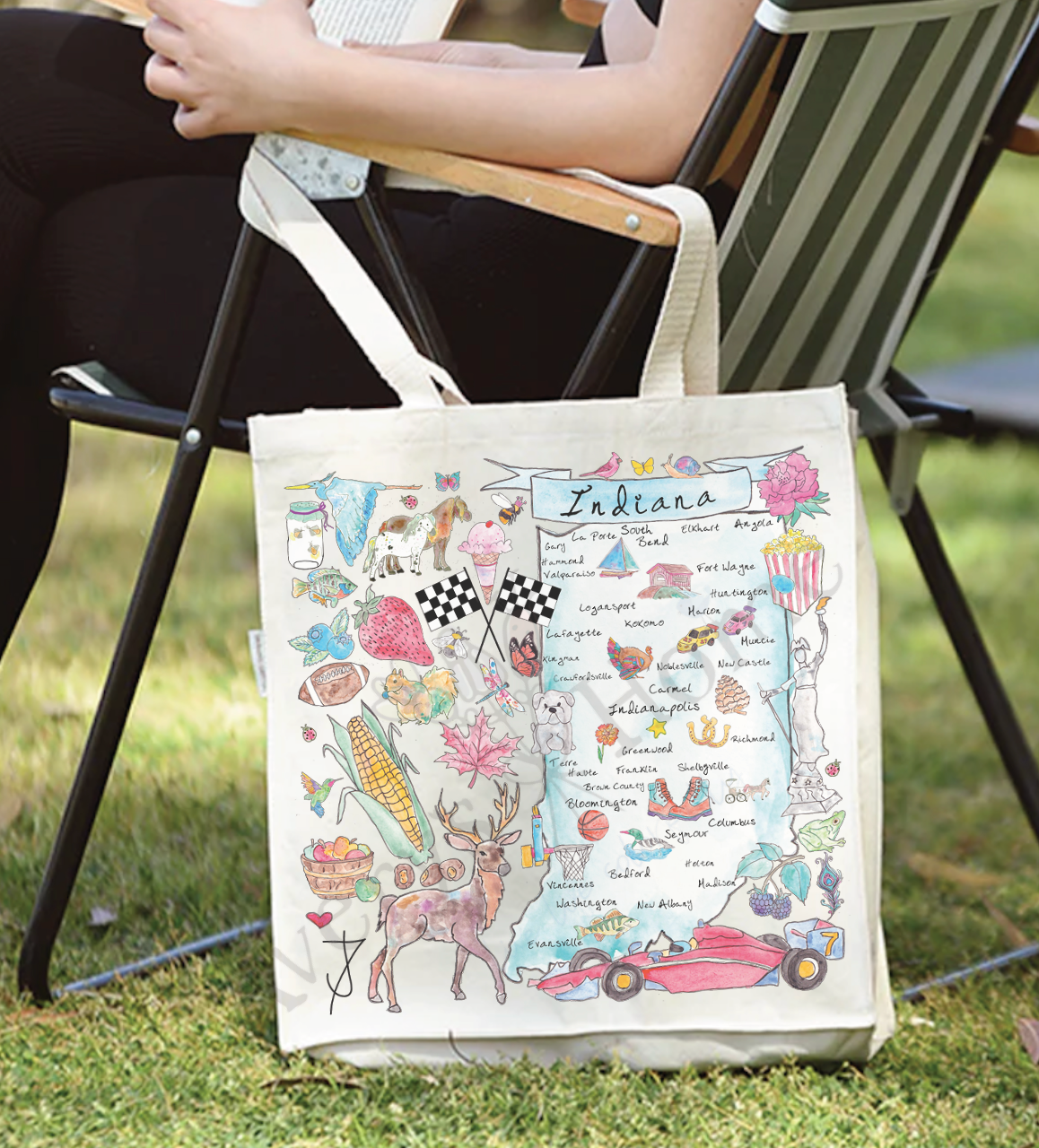 Indiana State Map cotton tote bag, art by Avery Jackson