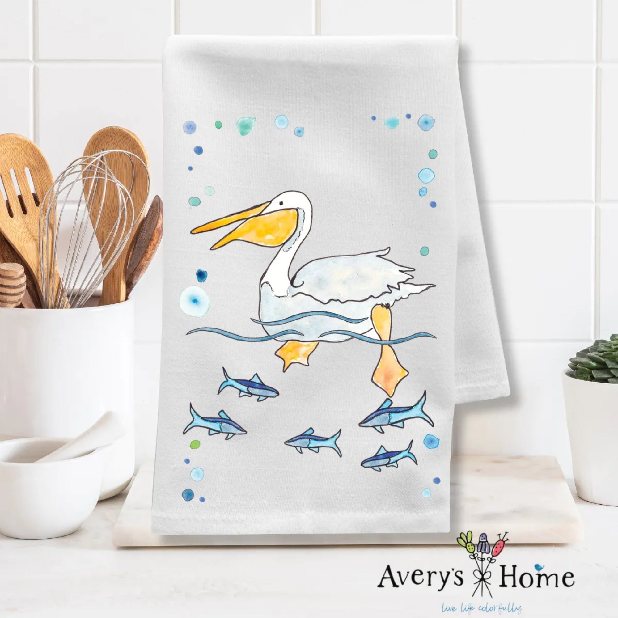 Pelican Swimming dish towel design detail