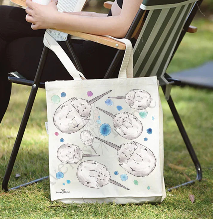 Horseshoe Crab cotton tote bag, art by Avery Jackson