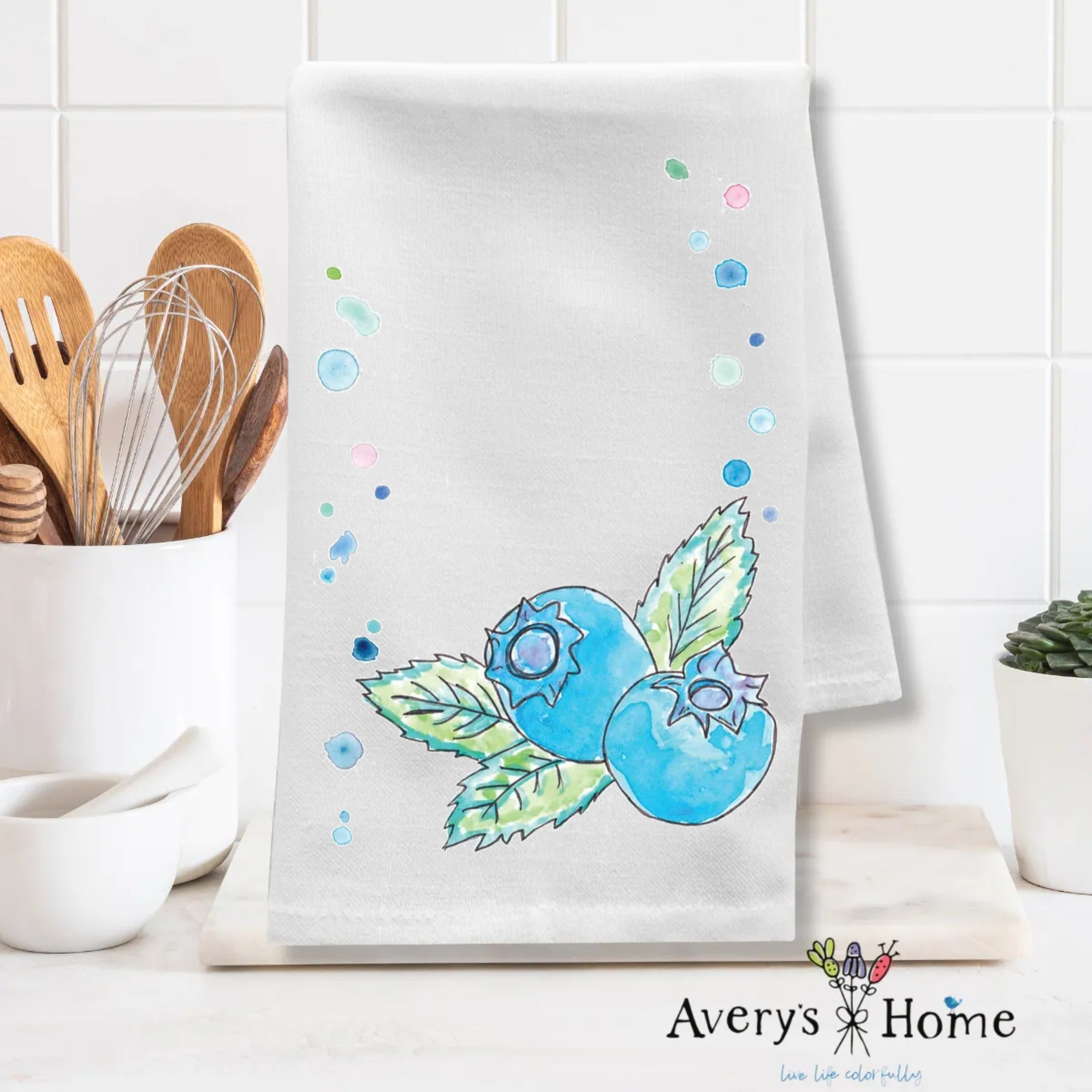 Blueberries dish towel folded, 27x27 flour sack cotton