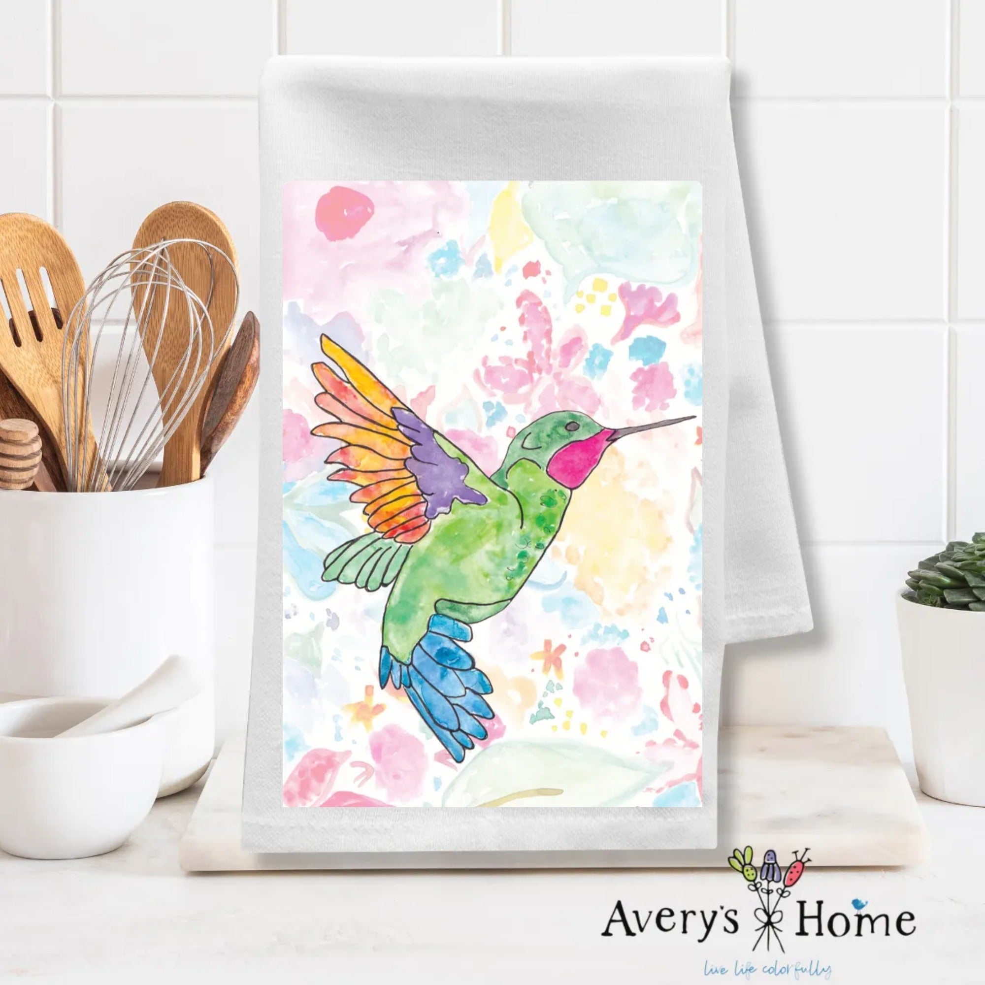 Ruby Throated Hummingbird dish towel, 27x27 flour sack cotton