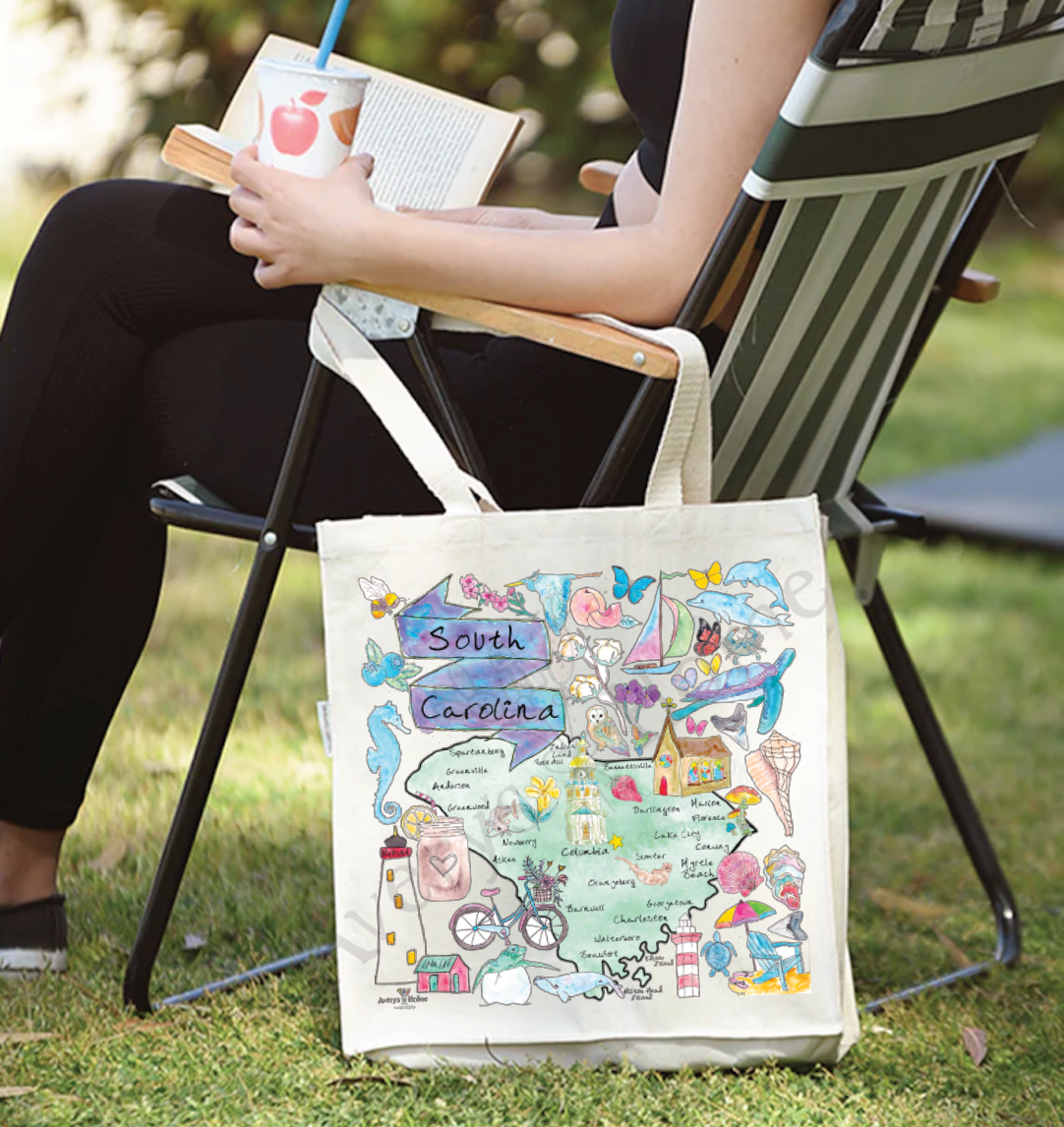 South Carolina State Map cotton tote bag, art by Avery Jackson