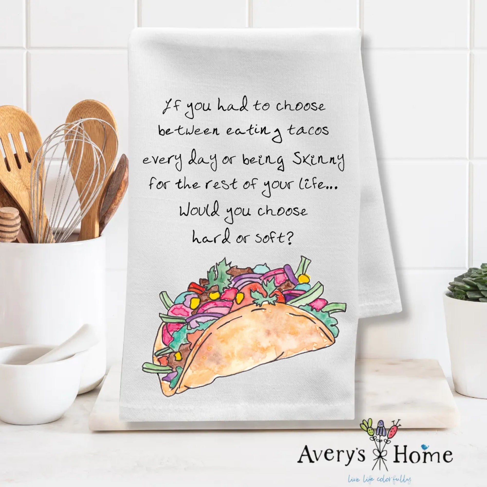 Tacos for Life dish towel design detail