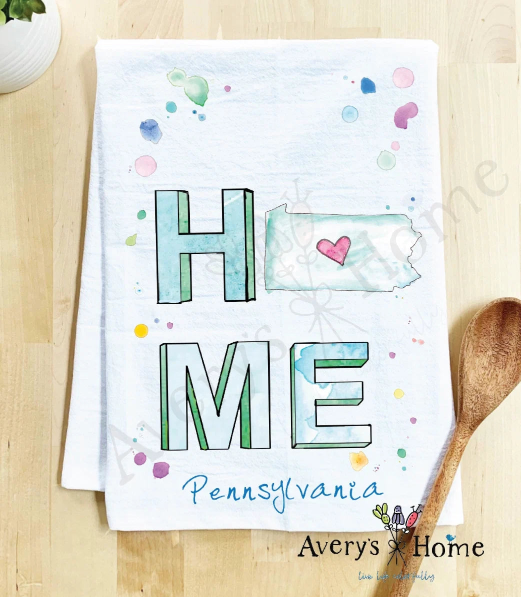 HOME in Pennsylvania flour sack dish towel, art by Avery Jackson