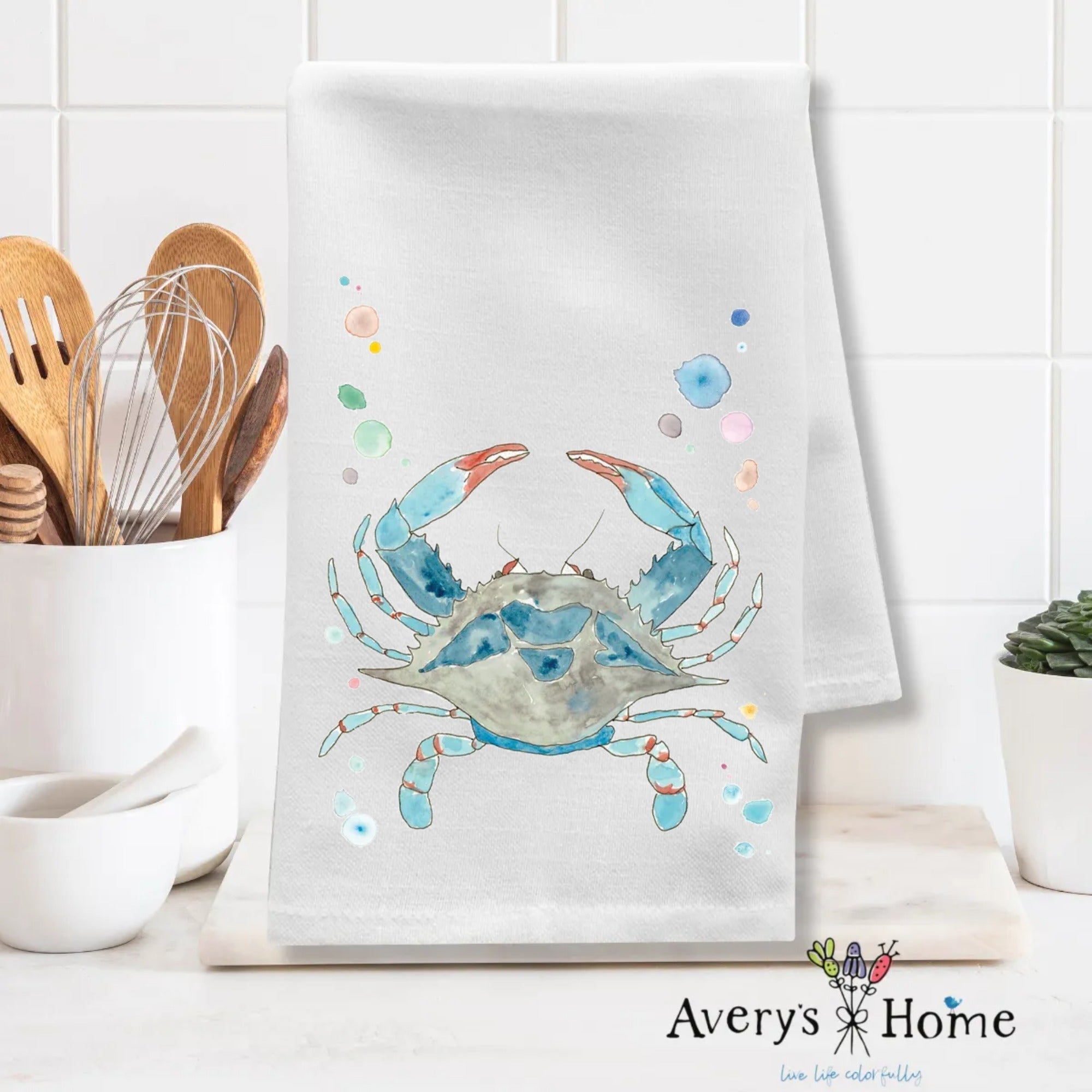 Blue Crab dish towel folded, 27x27 flour sack cotton