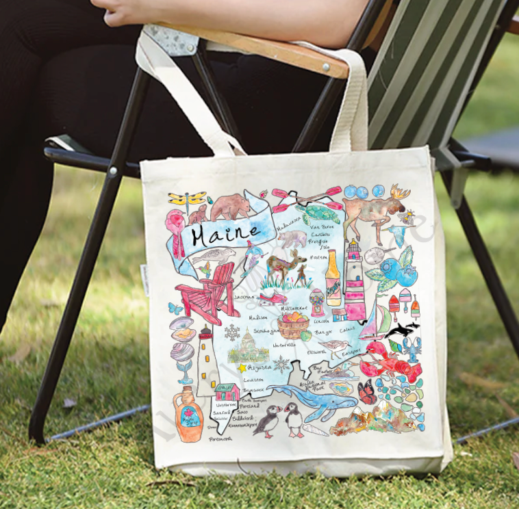 Maine State Map cotton tote bag, art by Avery Jackson