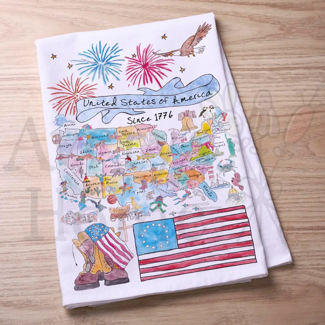 USA Map 1776 flour sack dish towel, art by Avery Jackson