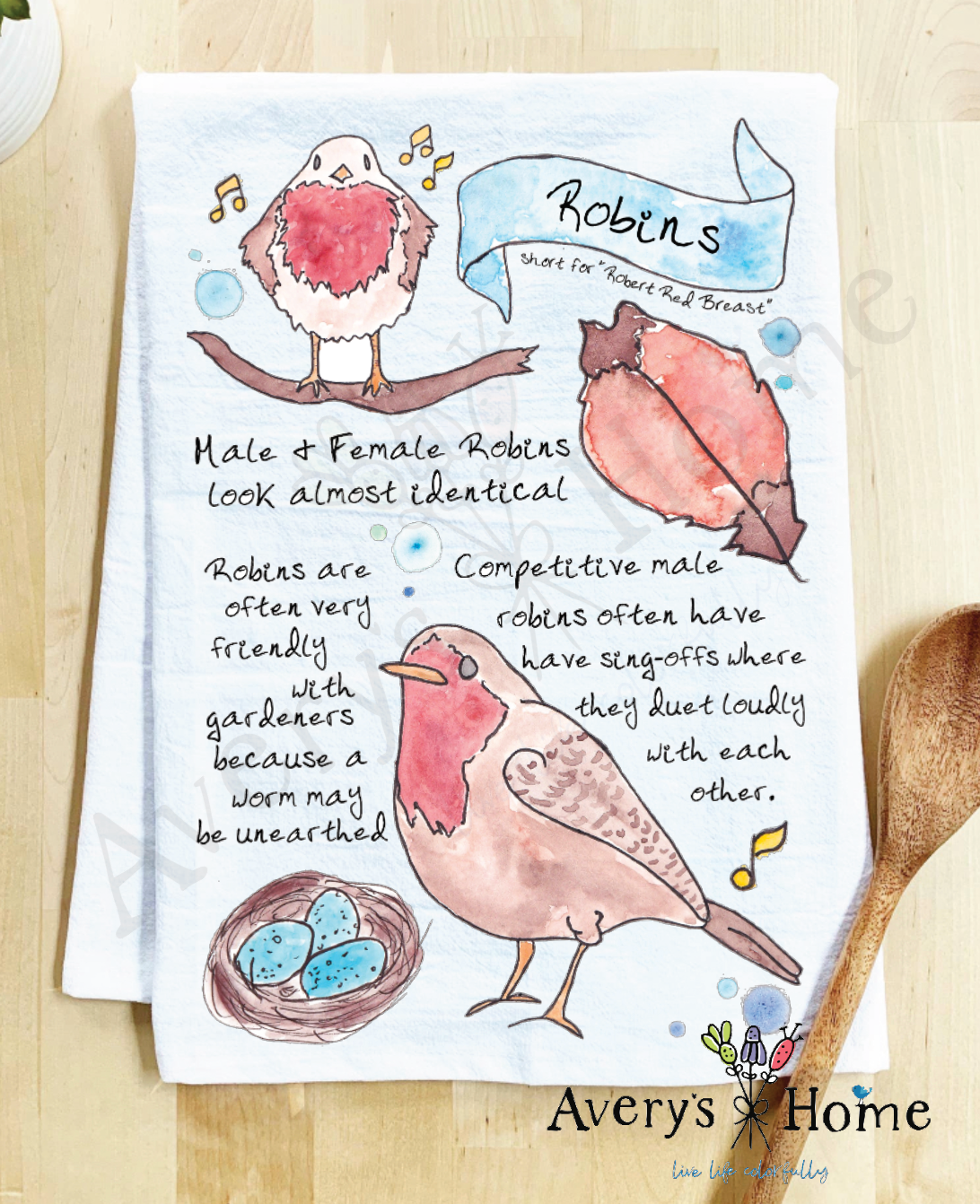 Robin Bird Facts flour sack dish towel, art by Avery Jackson