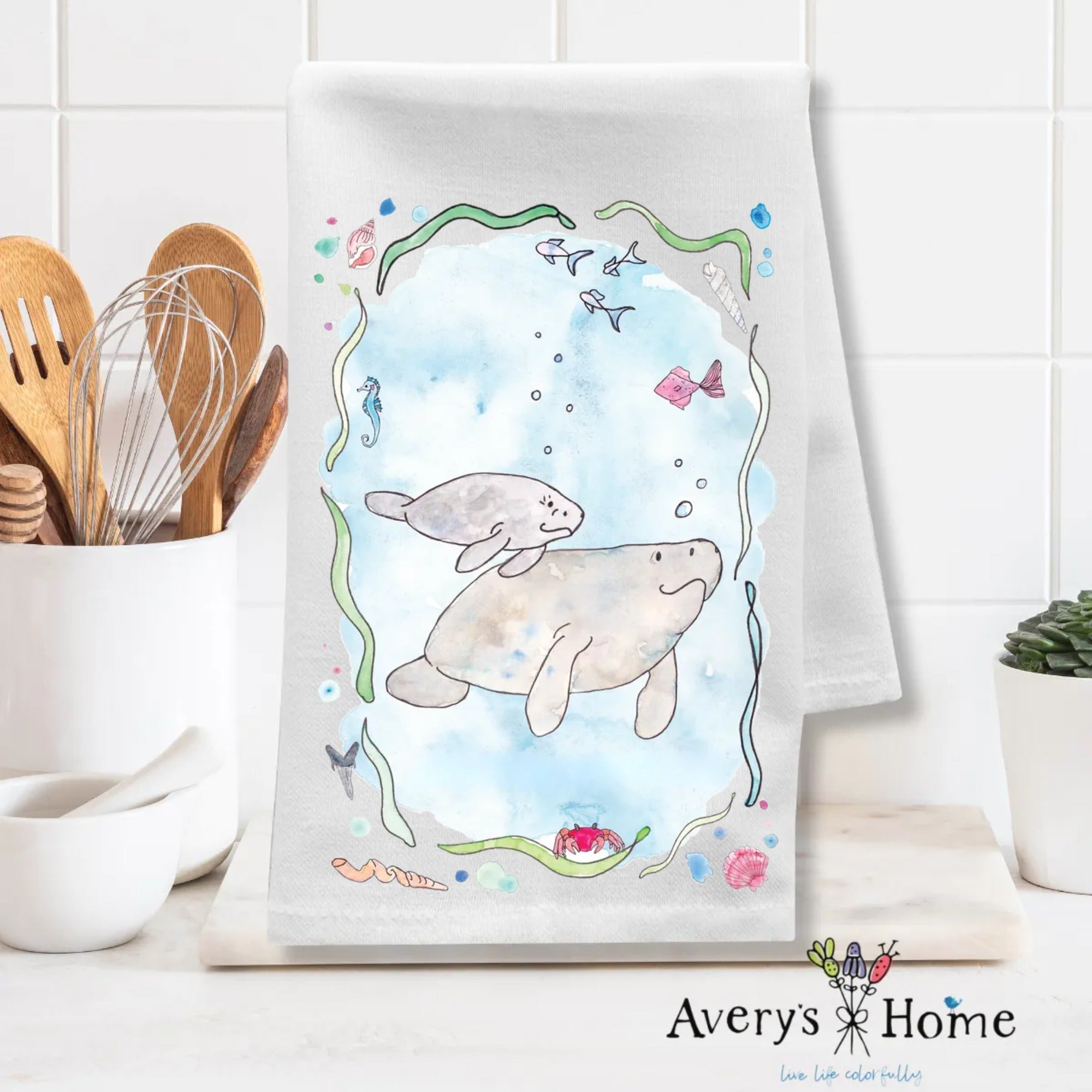 Manatee Mom and Baby dish towel design detail