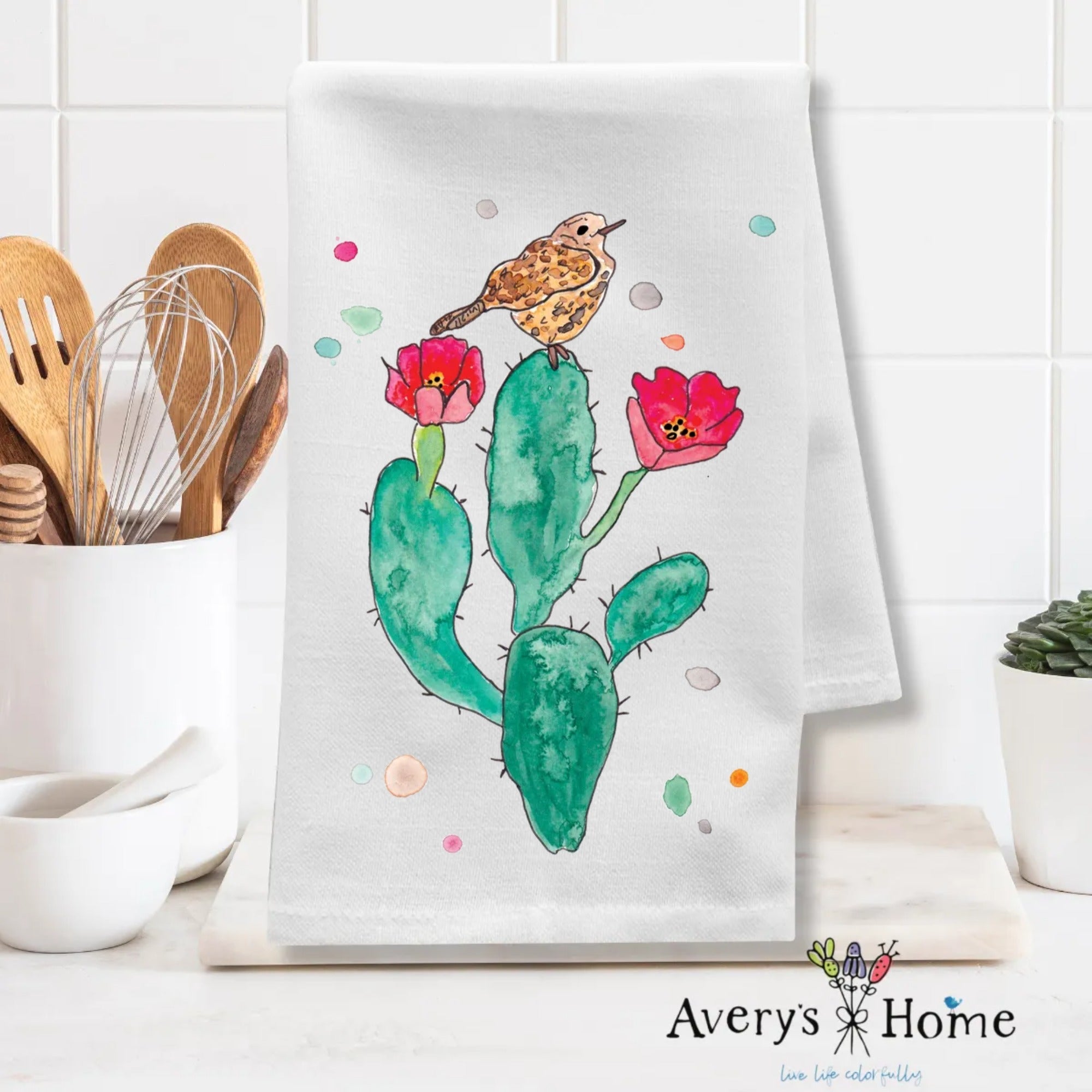 Flowering Cactus dish towel folded, 27x27 flour sack cotton