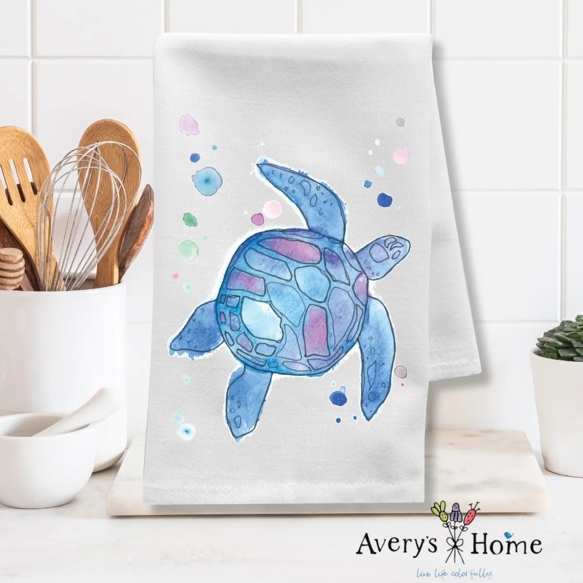 Blue Sea Turtle dish towel folded, 27x27 flour sack cotton