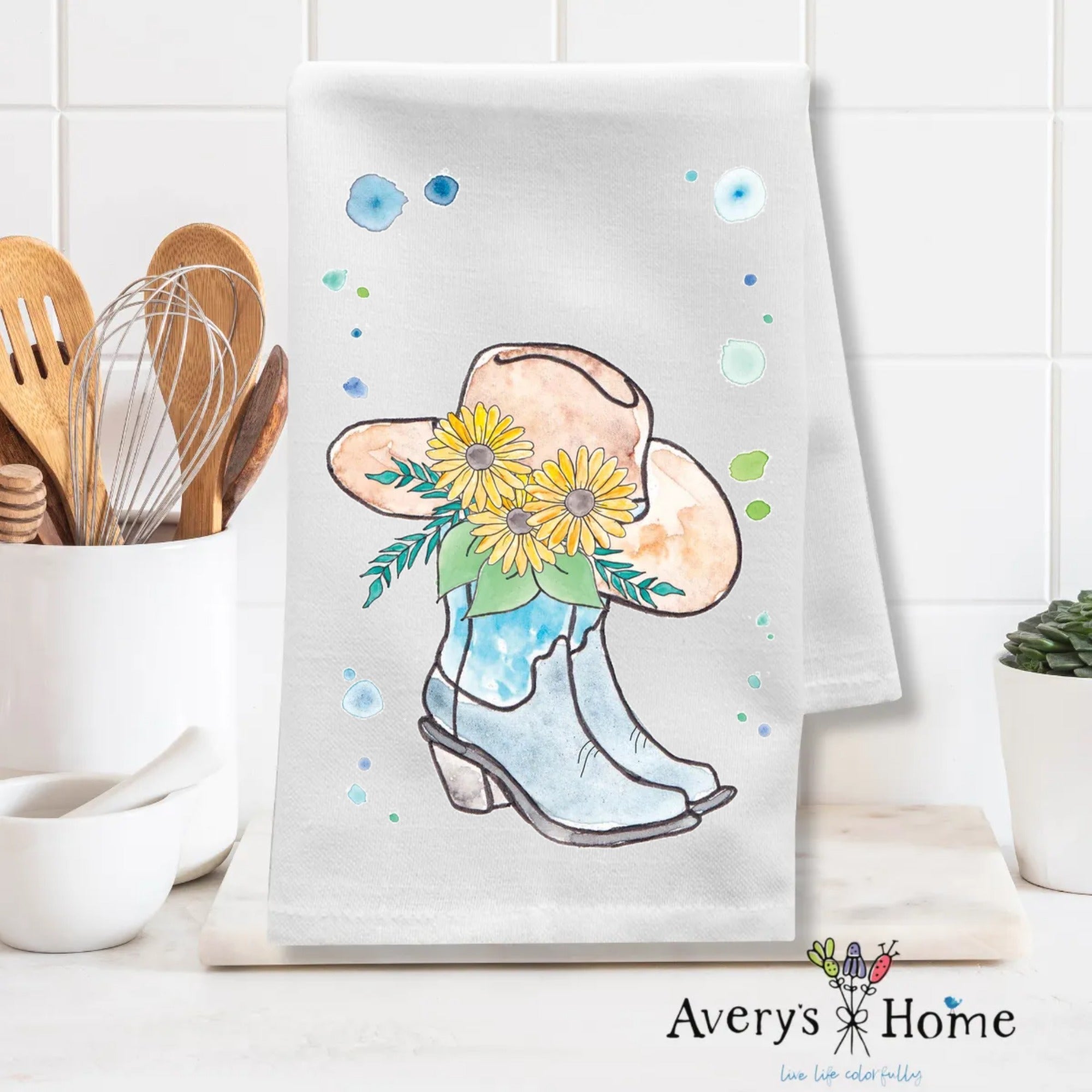 Cowgirl Boots & Hat dish towel folded, 27x27 flour sack cotton