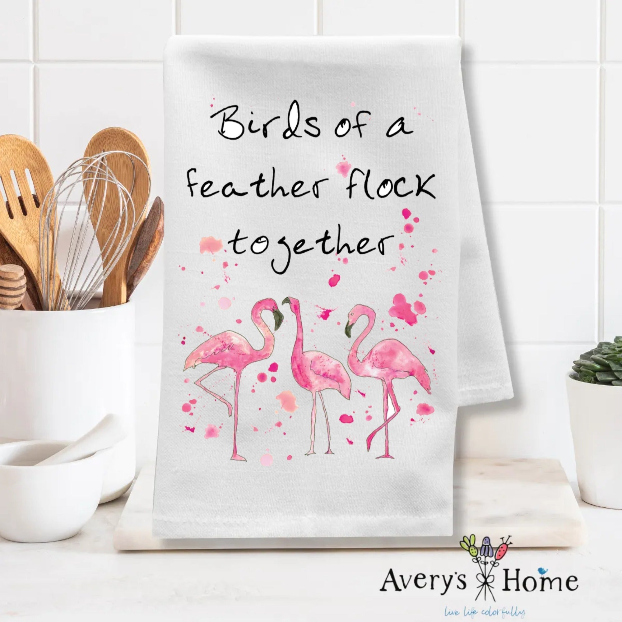 Birds of a Feather Flamingo dish towel folded, 27x27 flour sack cotton